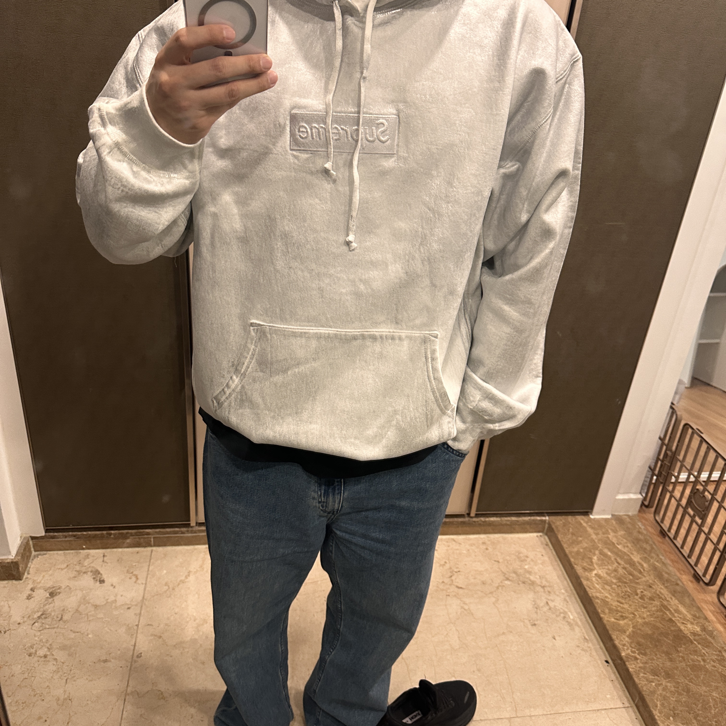 Supreme x MM6 Maison Margiela Foil Box Logo Hooded Sweatshirt White - 24SS 착용 스타일