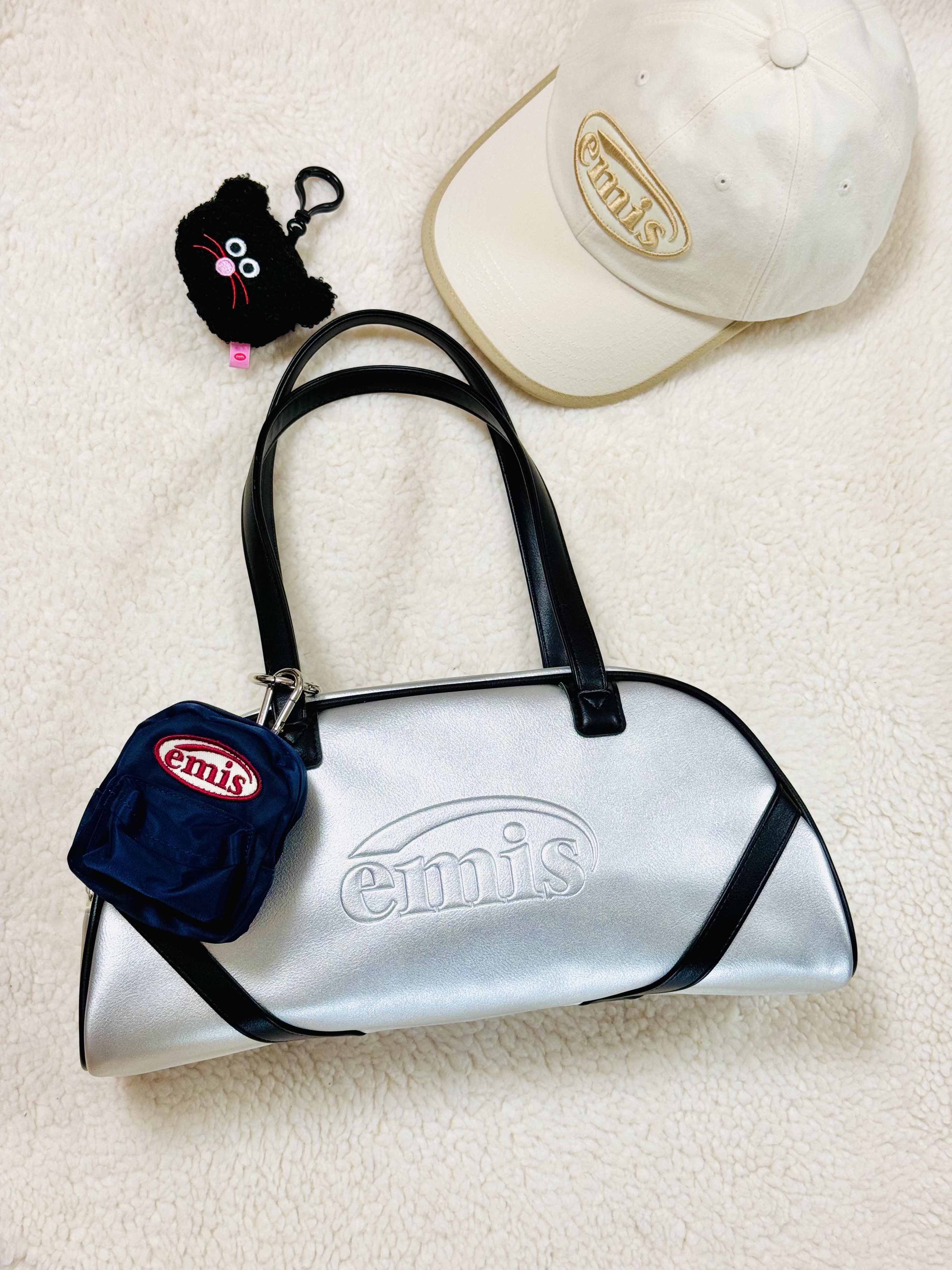 Emis Wide Vintage Tote Bag Silver, Emis Beige Trimming Ball Cap Cream 착용 스타일 - 3