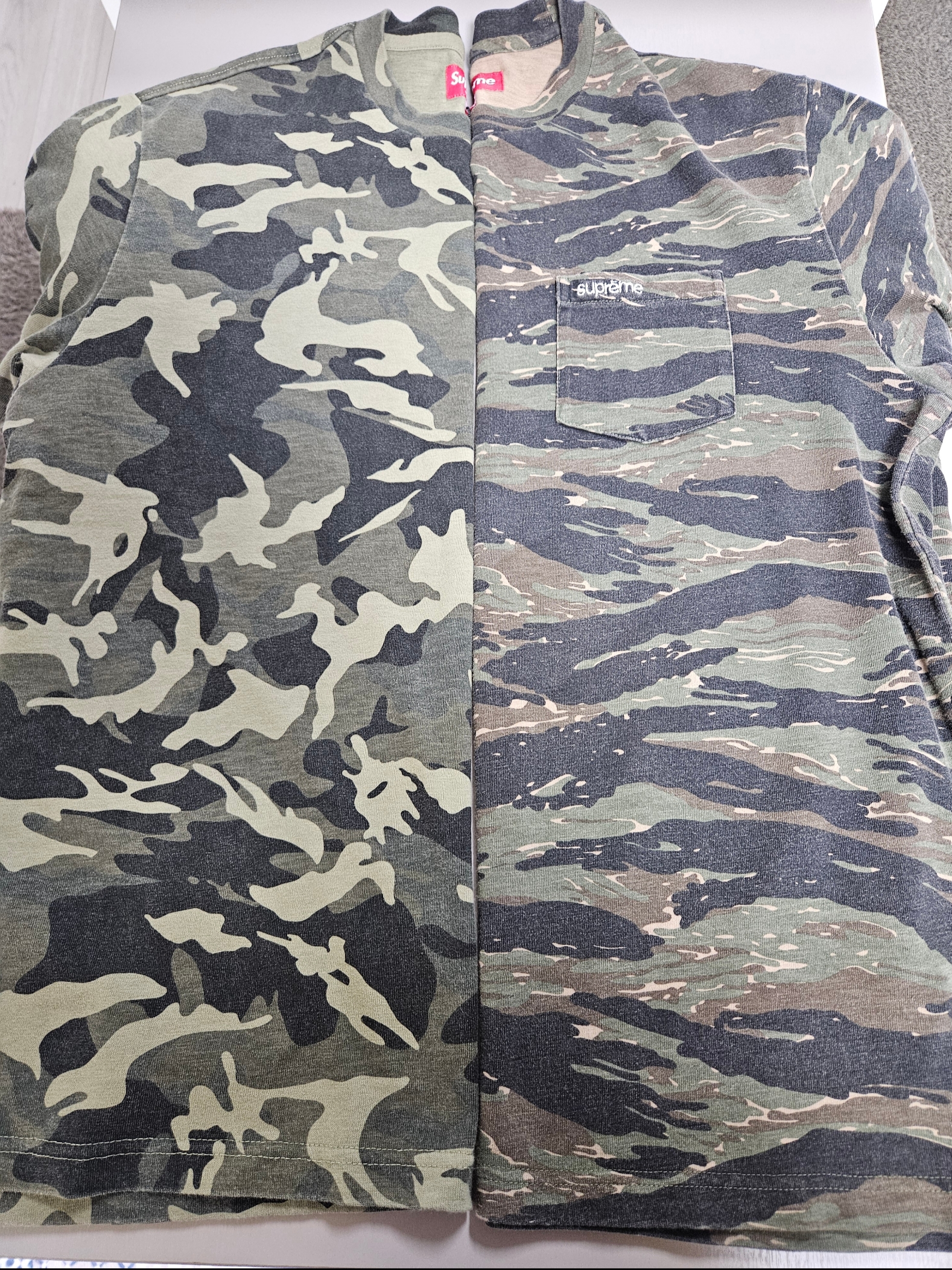 Supreme S/S Pocket T-Shirt Olive Camo - 23SS, Supreme Cargo Pants Olive Camo - 23SS 착용 스타일 - 3