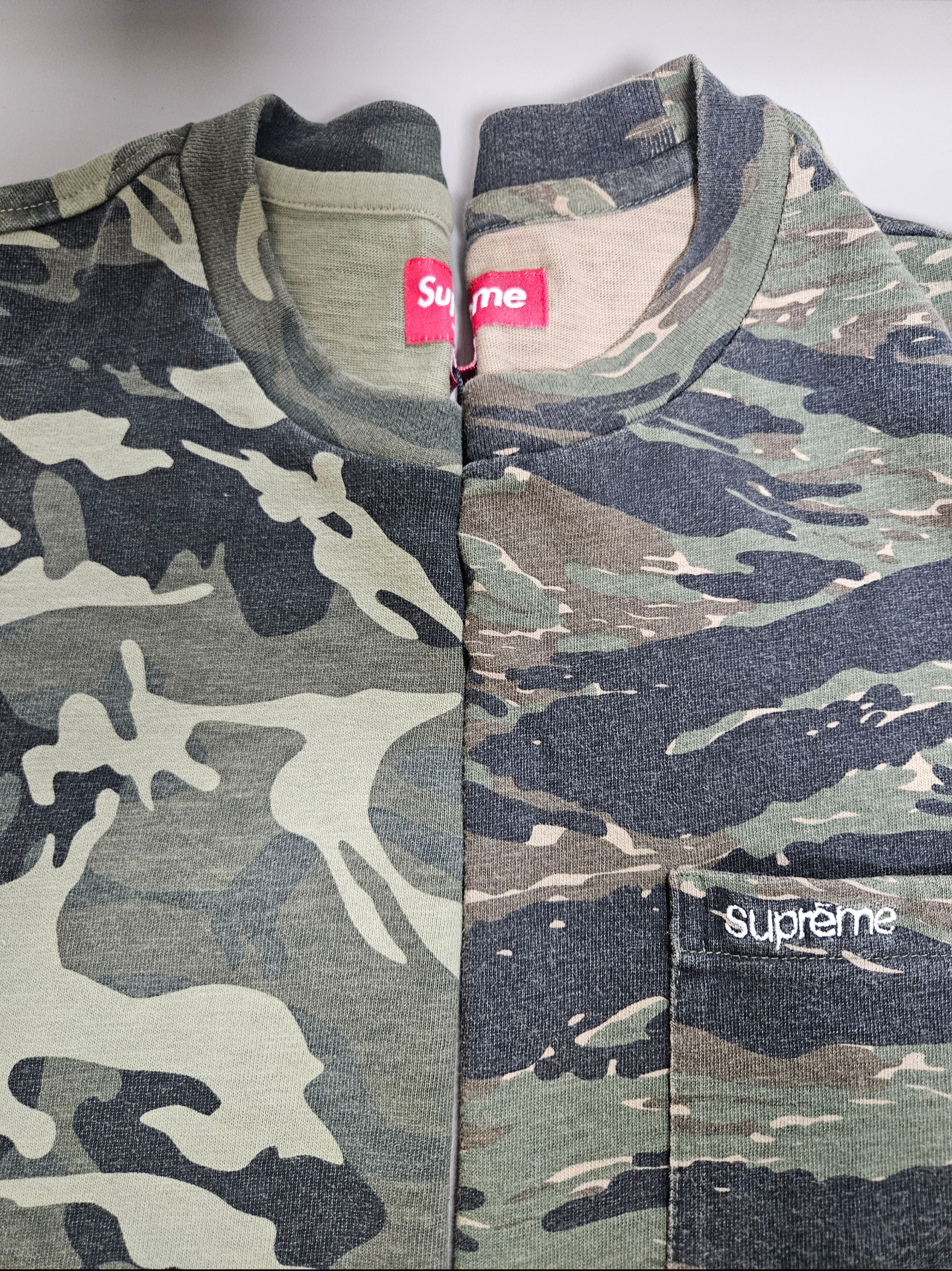 Supreme S/S Pocket T-Shirt Olive Camo - 23SS, Supreme Cargo Pants Olive Camo - 23SS 착용 스타일 - 2