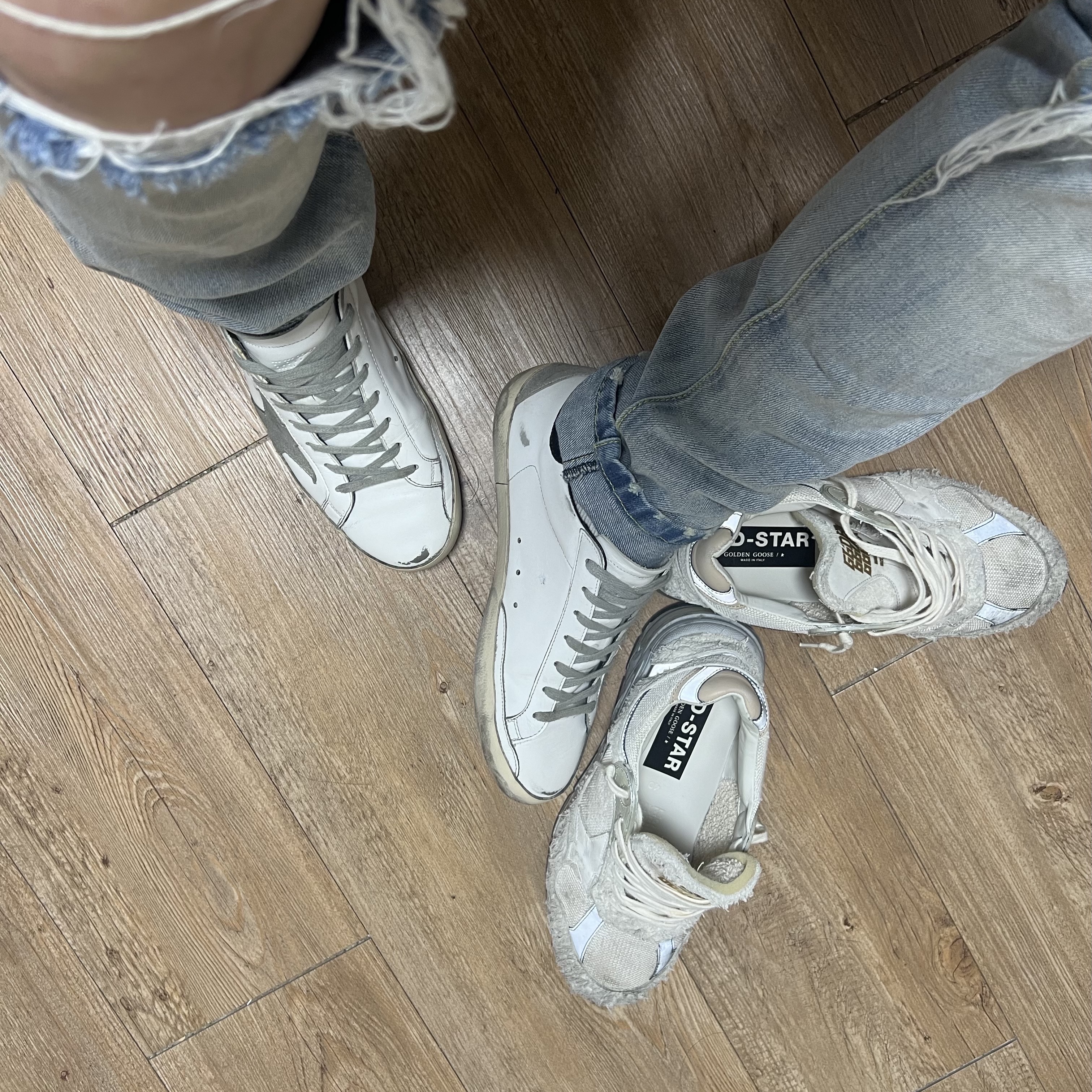 Golden Goose Dad-Star Sneakers White Silver, Golden Goose Superstar White Black Heel Tab Sneakers 착용 스타일