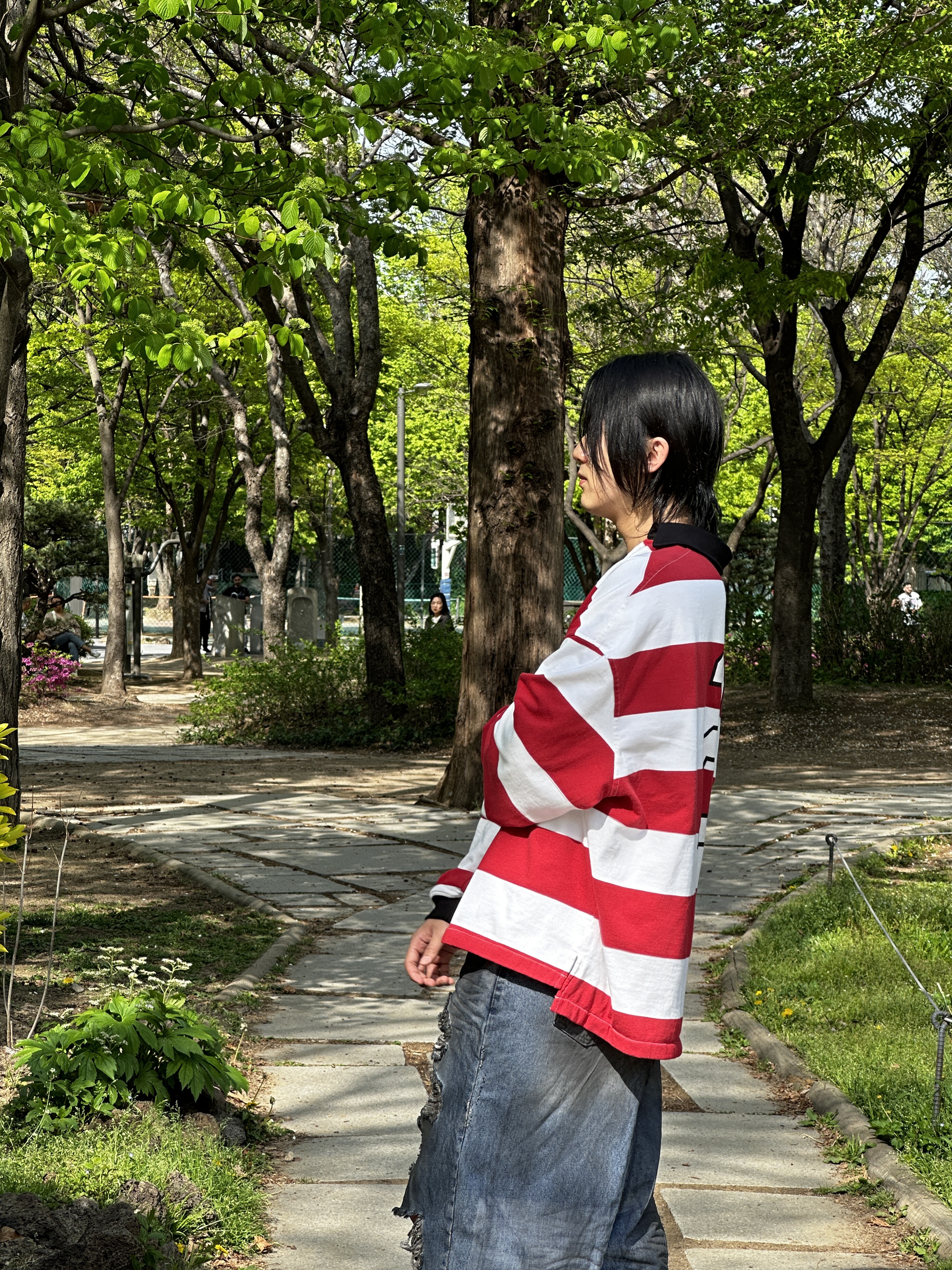Project G/R Drawn Back V-Neck Polo Shirts Red 착용 스타일 - 3