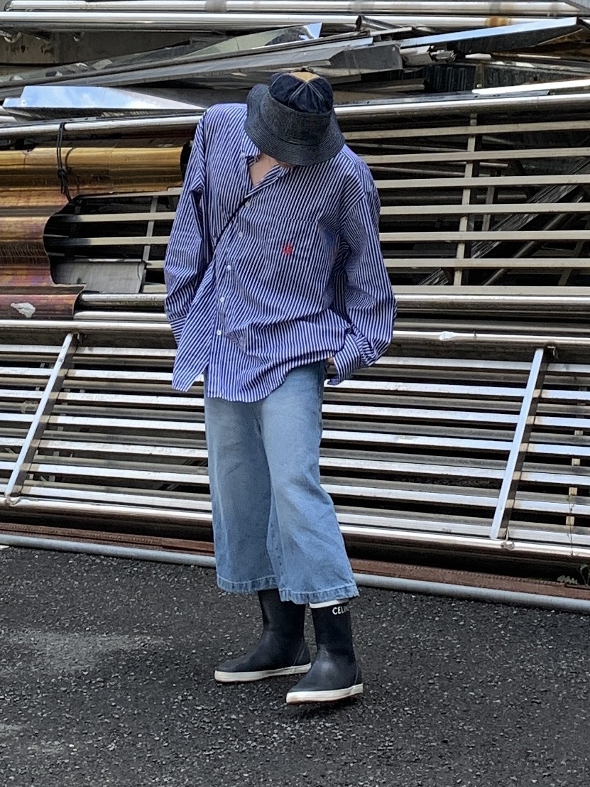 Kapital Chino The Old Man And The Sea Hat Navy, Stussy x Our Legacy Borrowed BD Shirt Wine Multi Stripe 착용 스타일 - 1