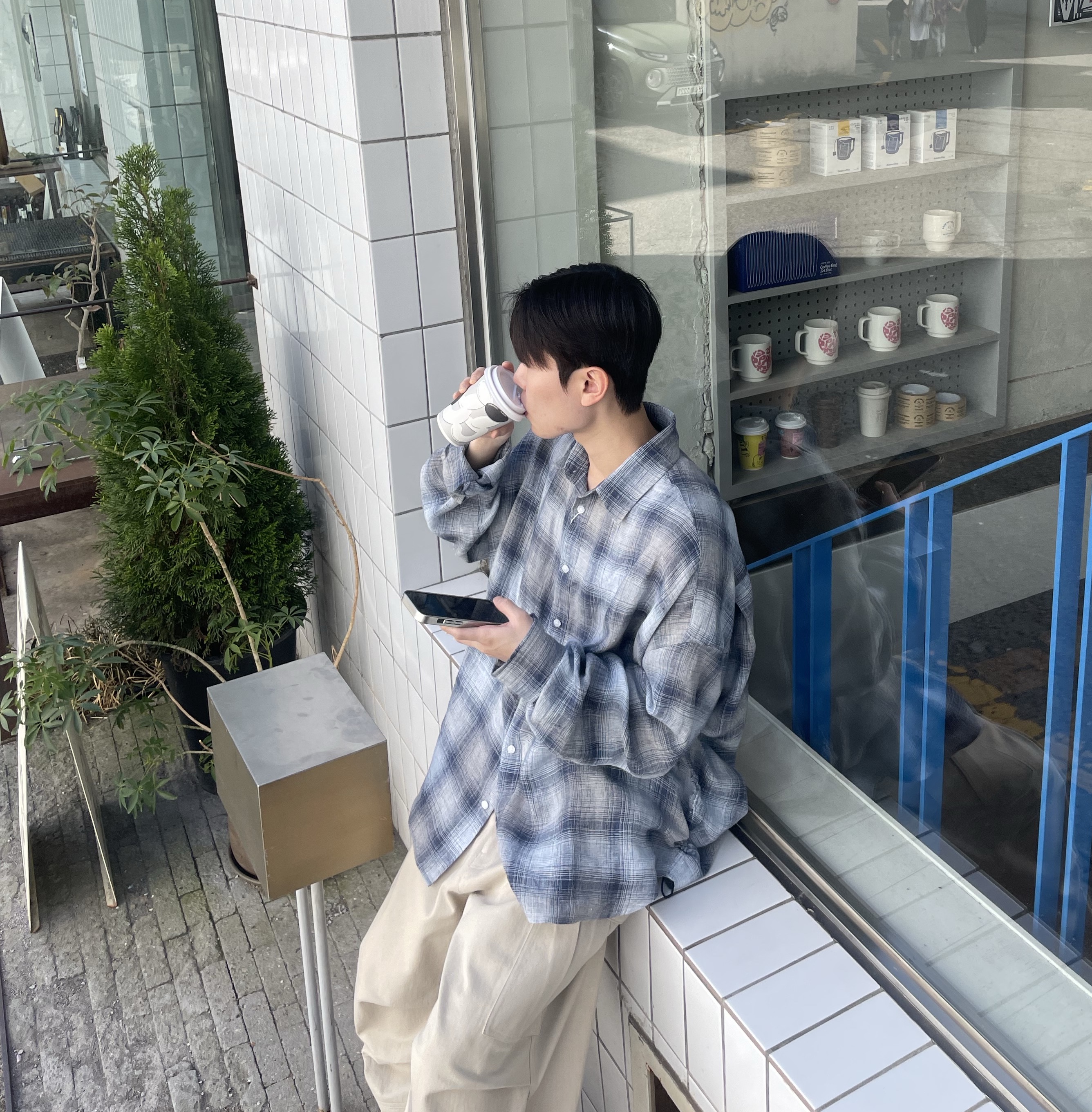 Nonnod Flexible String Check Shirt Japanese Linen Blue, Balenciaga Steroid Derby Black 착용 스타일 - 1