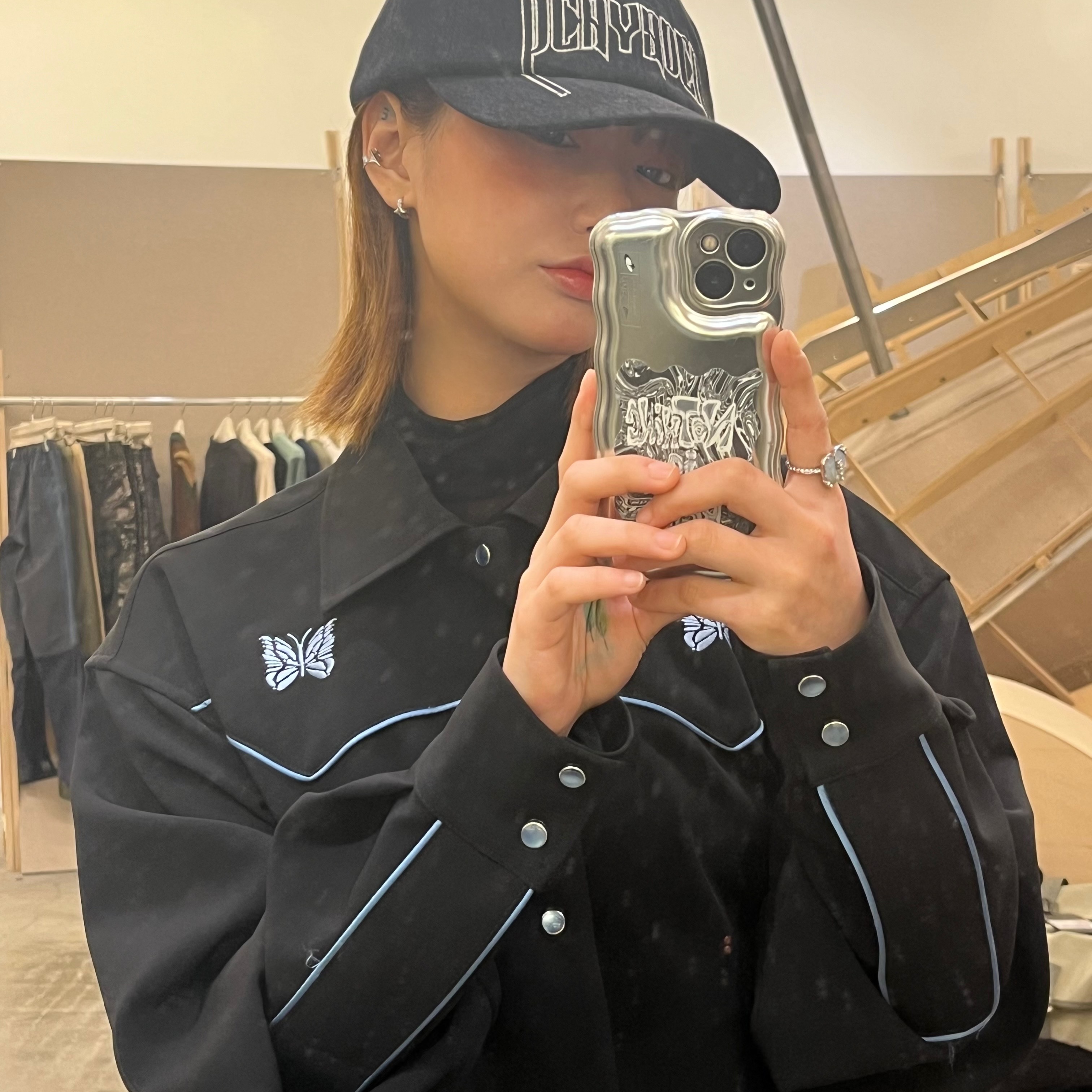Needles PE/PU Double Cloth Piping Cowboy Jacket Black 착용 스타일