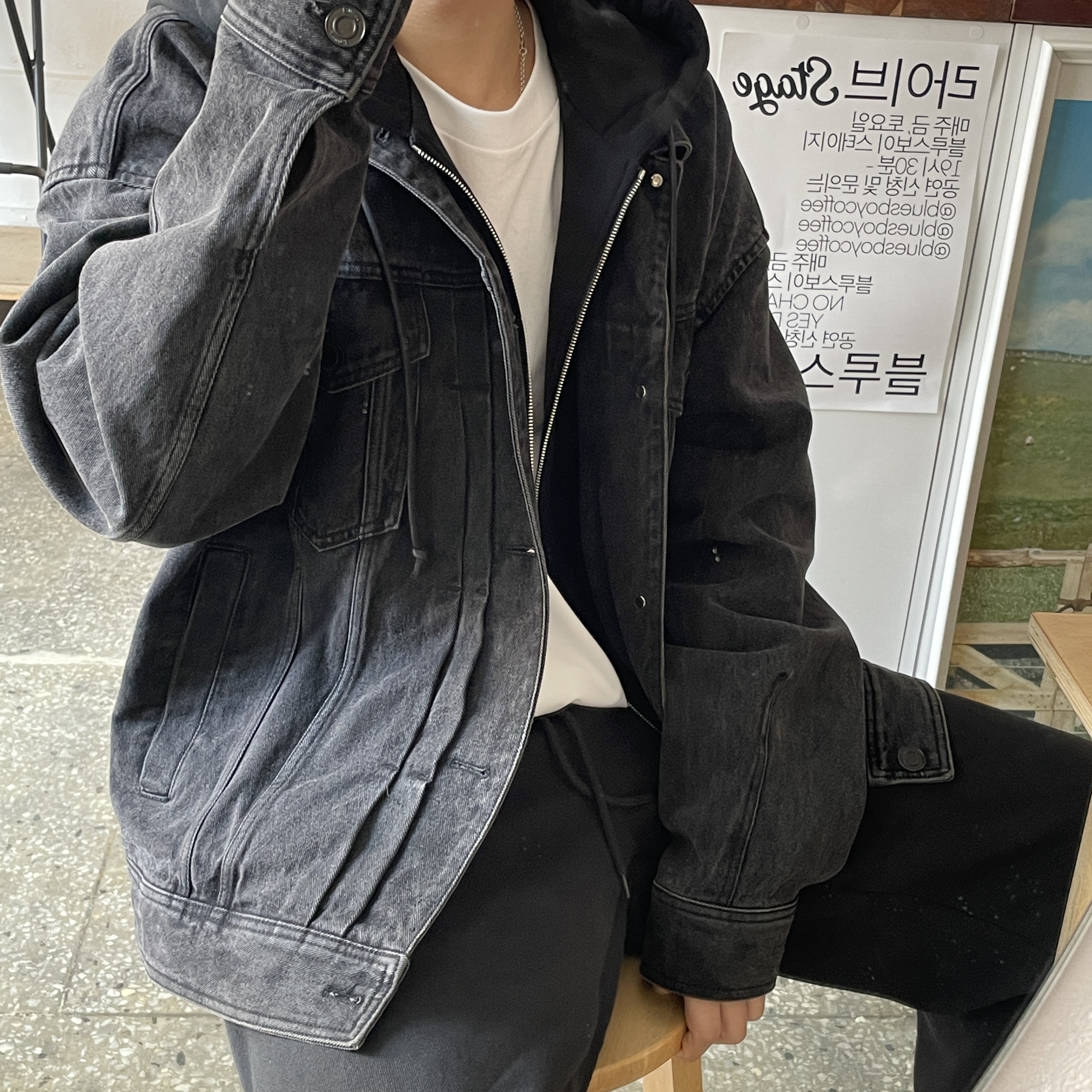 Juun.J Jersey Hooded Detachable Denim Long Trucker Grey - 23FW, Entire Studios Heavy Sweatpant Soot 착용 스타일 - 1