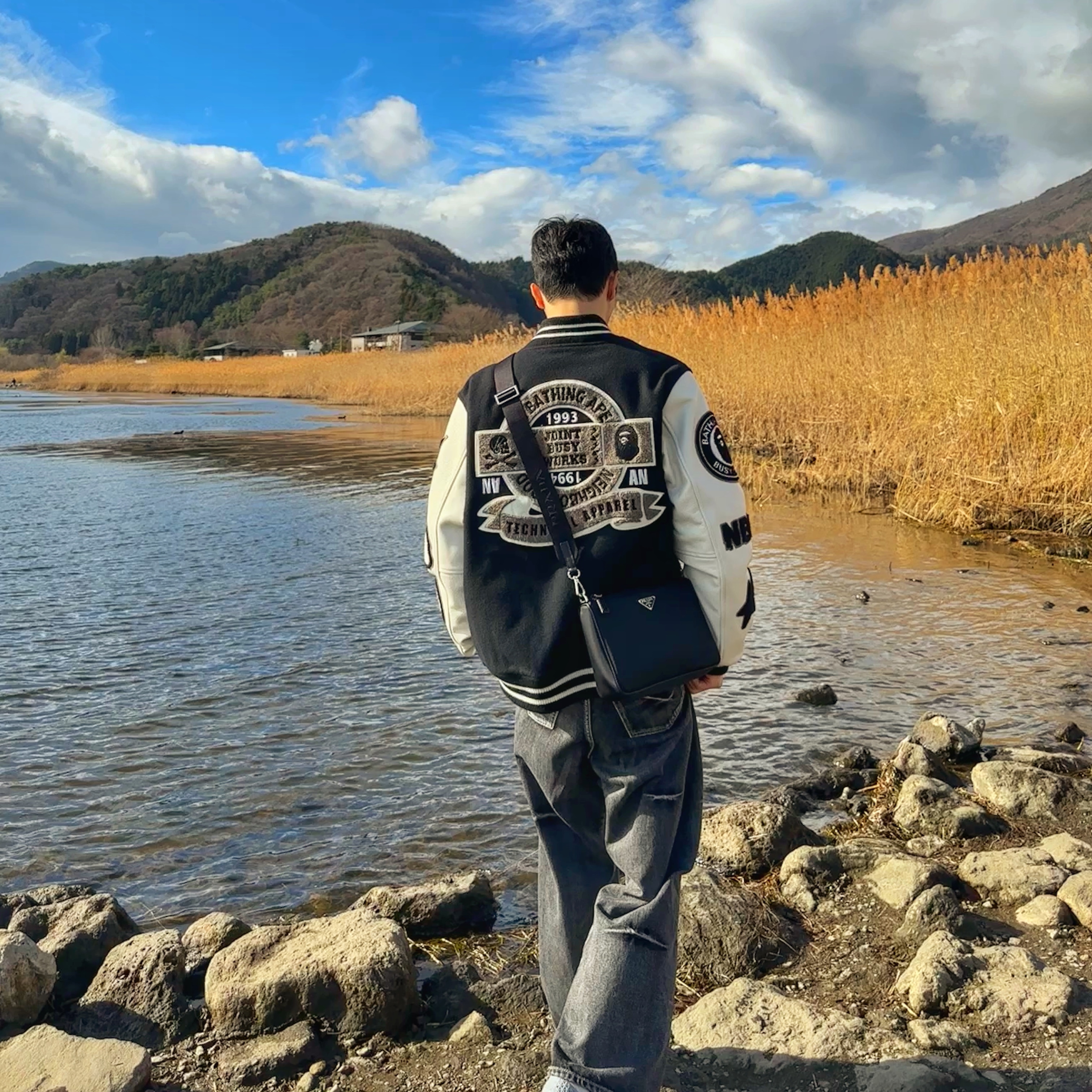 BAPE x Neighborhood Varsity Jacket Black - BAPE Exclusive, (W) Nike Zoom Vomero 5 Wolf Grey and Black 착용 스타일 - 2