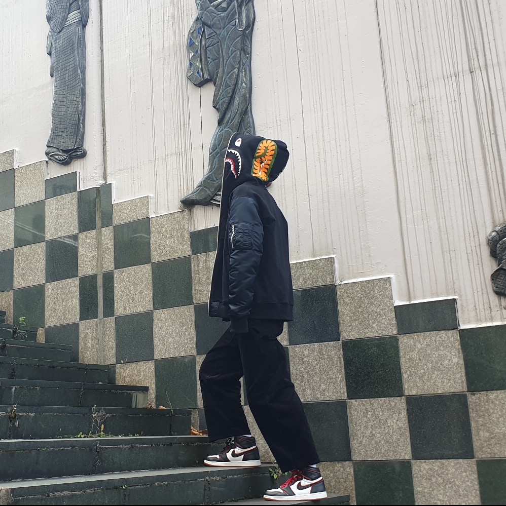 BAPE Shark Full Zip Hoodie Black, Jordan 1 Retro High OG Bloodline 착용 스타일