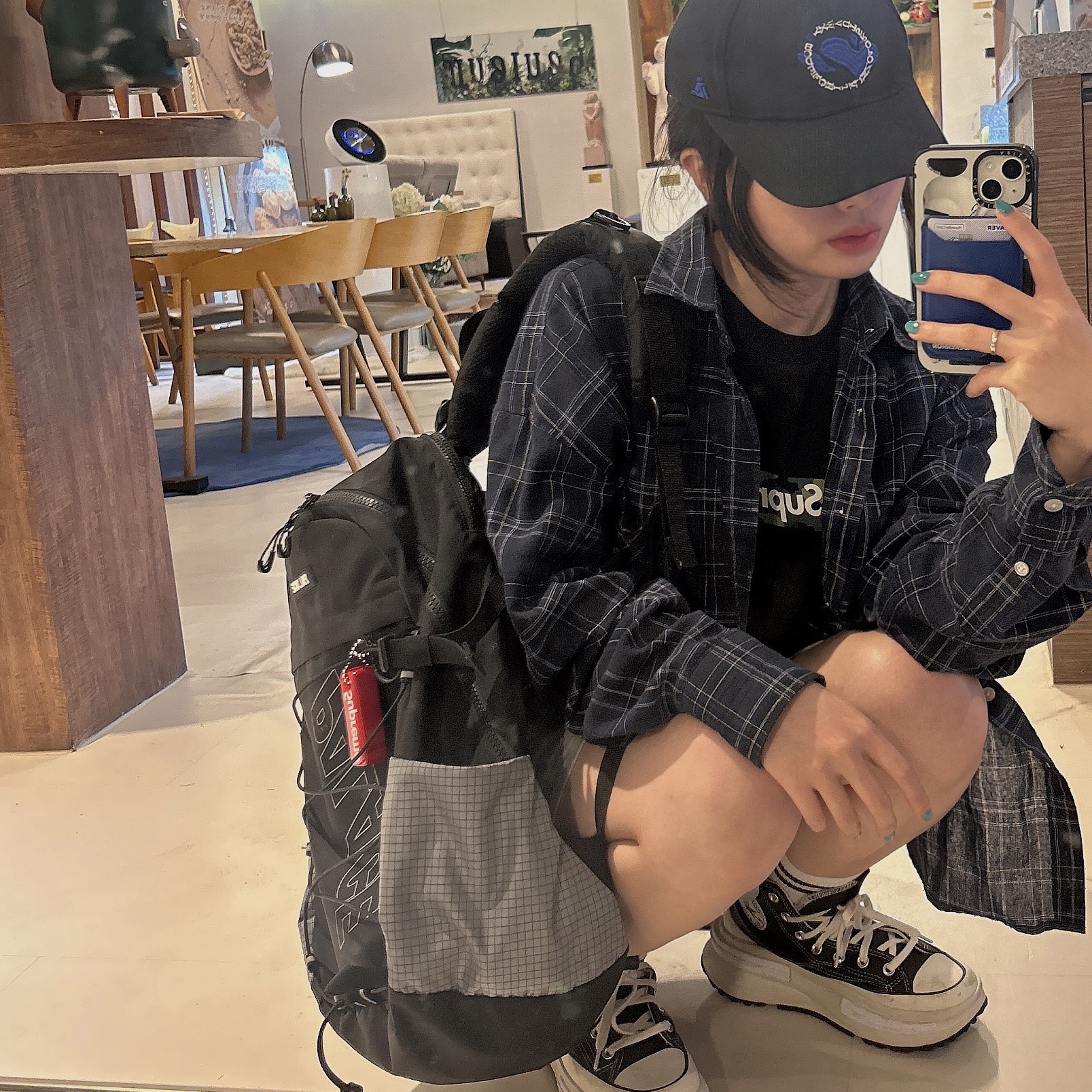 Palace Ballistic Backpack Black - 20FW, Supreme Floating Keychain Red - 23FW 착용 스타일 - 2
