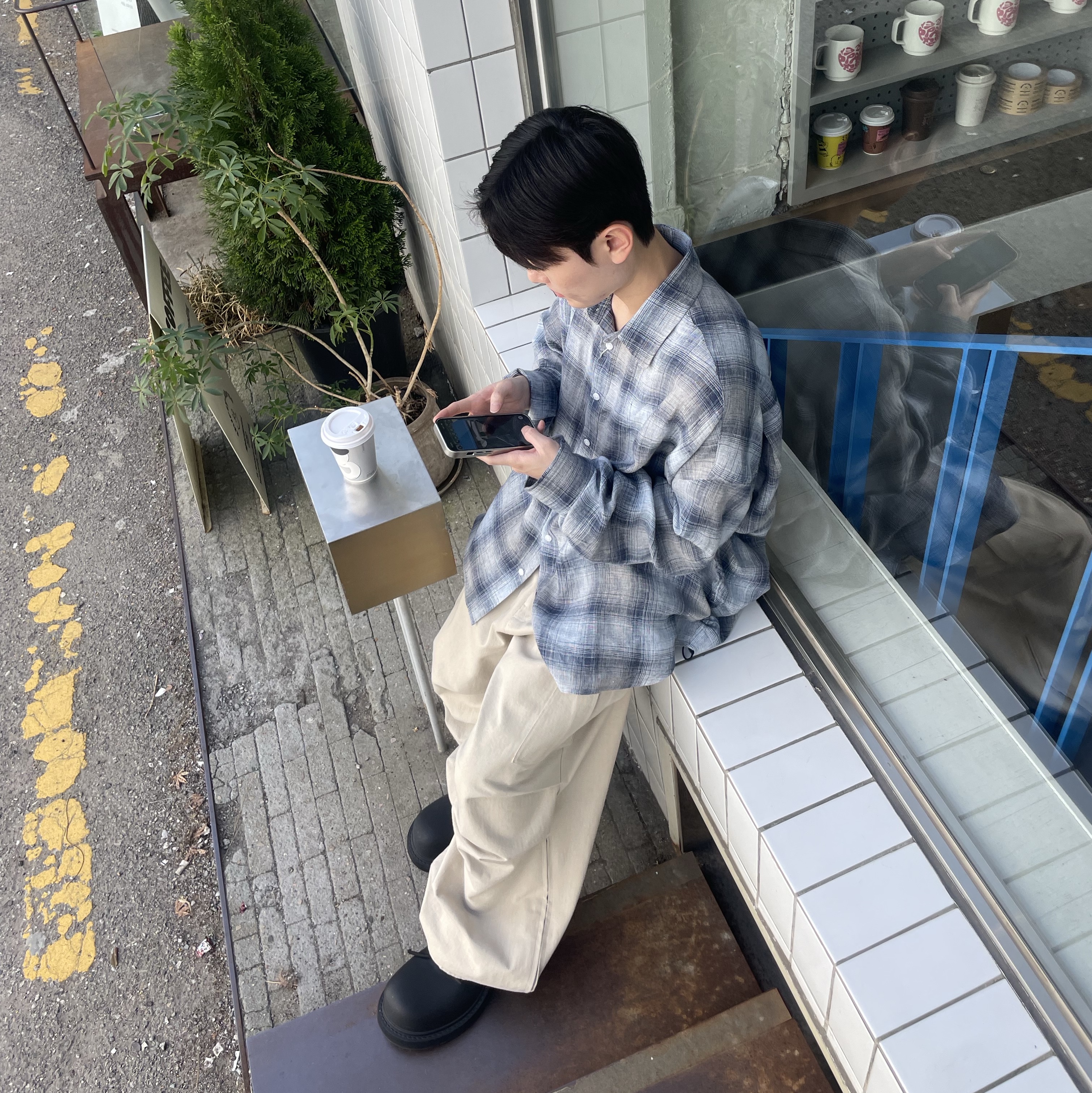 Nonnod Flexible String Check Shirt Japanese Linen Blue, Balenciaga Steroid Derby Black 착용 스타일 - 2