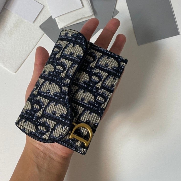 Dior Saddle Flap Card Holder Blue Dior Oblique Jacquard 착용 스타일 - 1