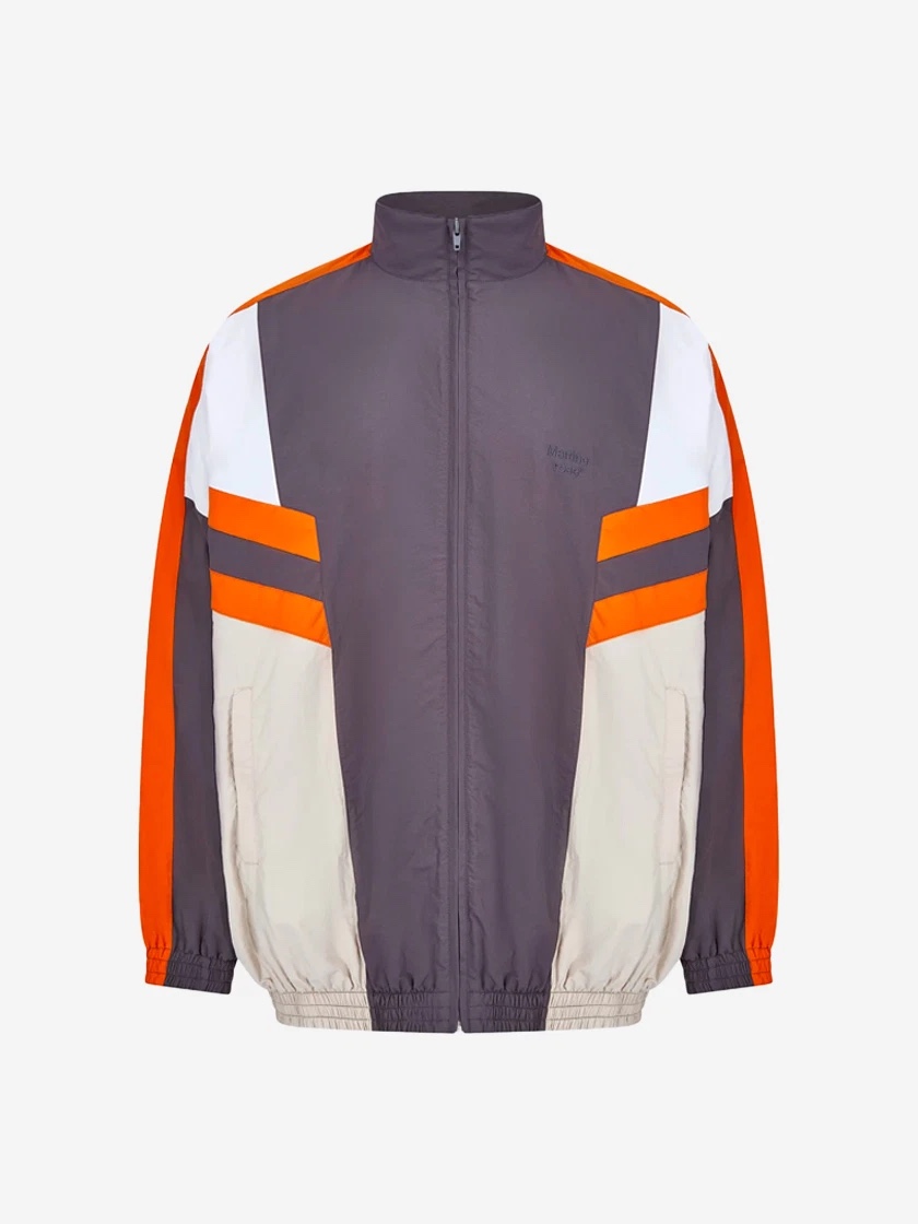 Nike x Martine Rose Shox MR4 Safety Orange, Martine Rose Panelled Track Jacket Grey Orange Beige 착용 스타일 - 8