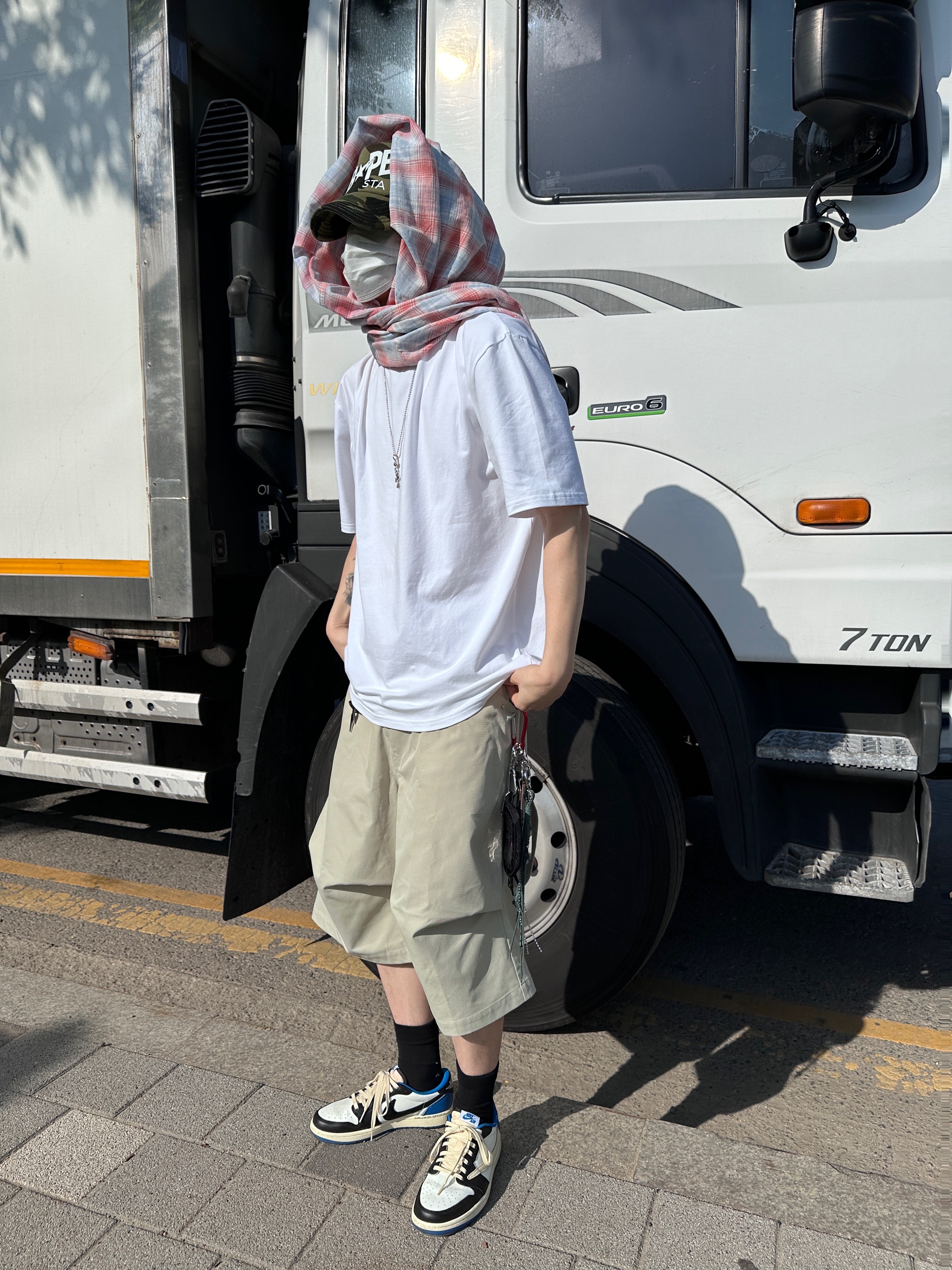 Nonnod Flexible String Check Shirt Japanese Grunge, Nonnod Alpine Carpenter Shorts Beige 착용 스타일 - 7