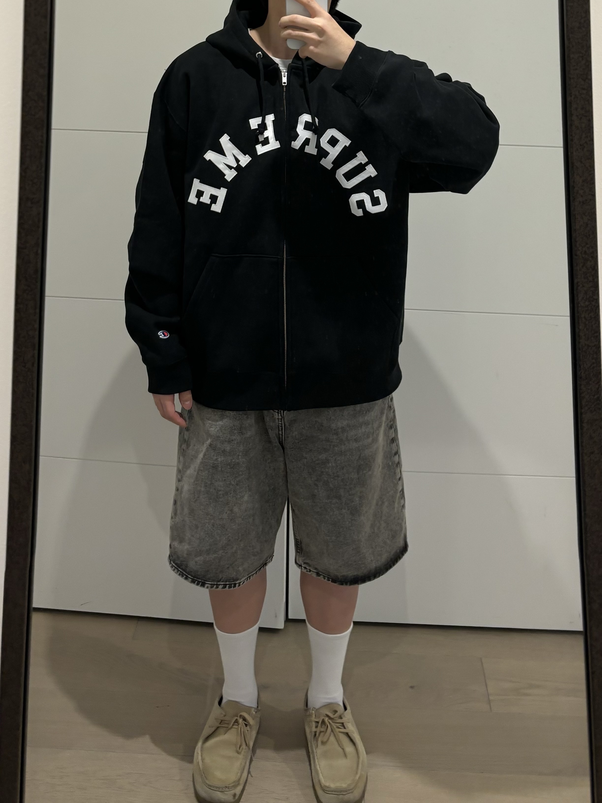 Supreme x Champion Zip Up Hooded Sweatshirt Ash Grey - 24SS, Supreme x Champion Zip Up Hooded Sweatshirt Navy - 24SS 착용 스타일 - 5