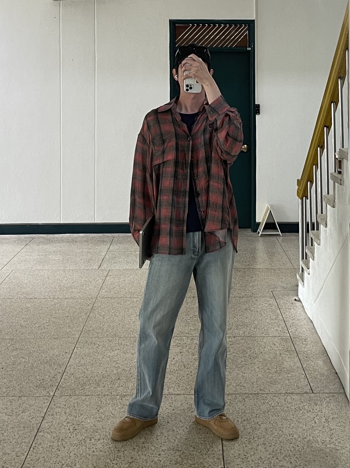 Our Legacy Borrowed Shirt Big Lumbercheck Print, Nike x Supreme Air Force 1 Low Flax 착용 스타일