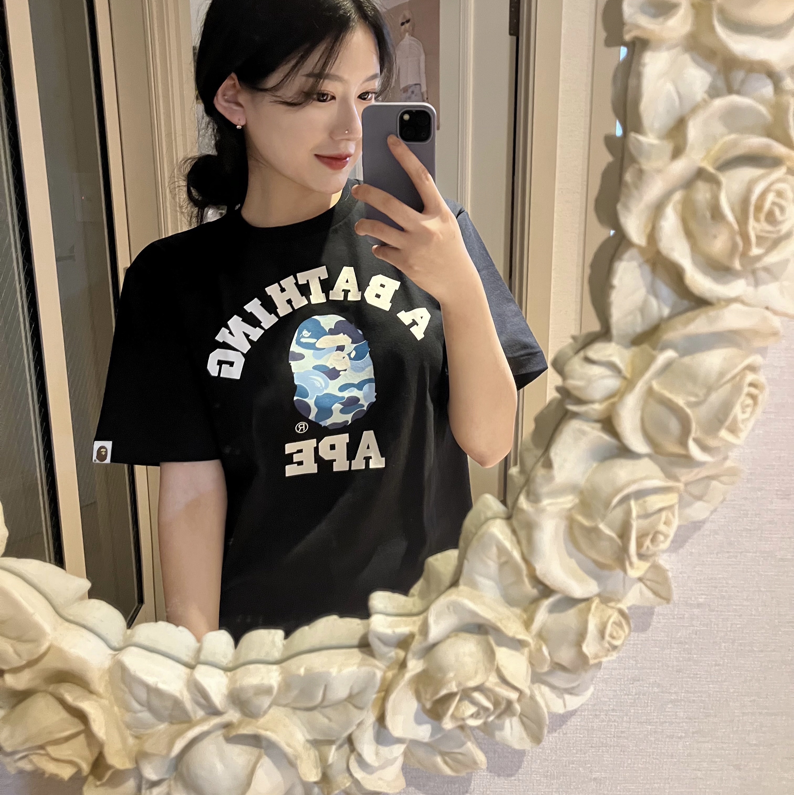 BAPE ABC Camo College T-Shirt Black Blue 착용 스타일