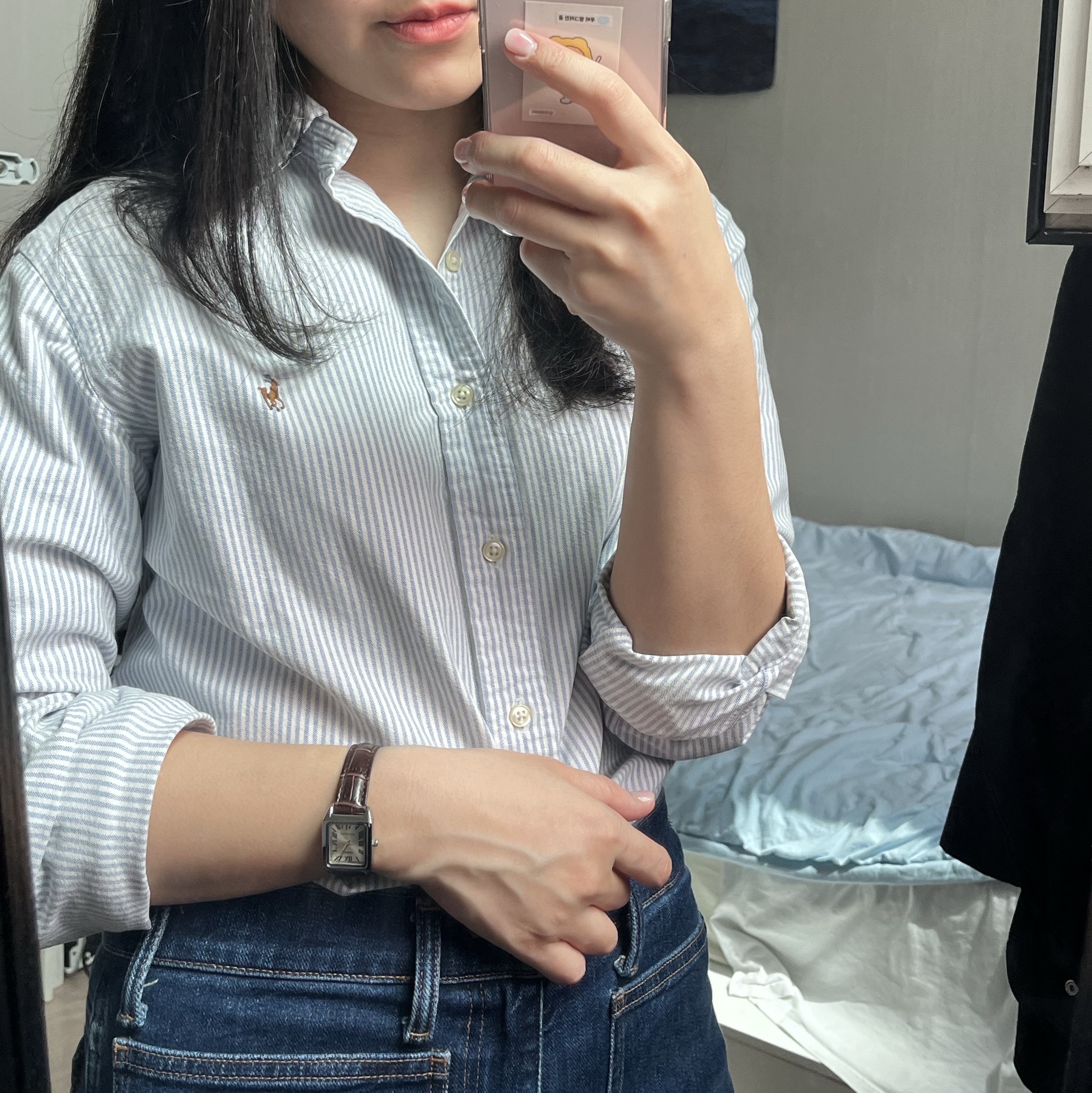 Casio LTP-V007L-9B, Polo Ralph Lauren Custom Fit Striped Oxford Shirt Blue 착용 스타일 - 2