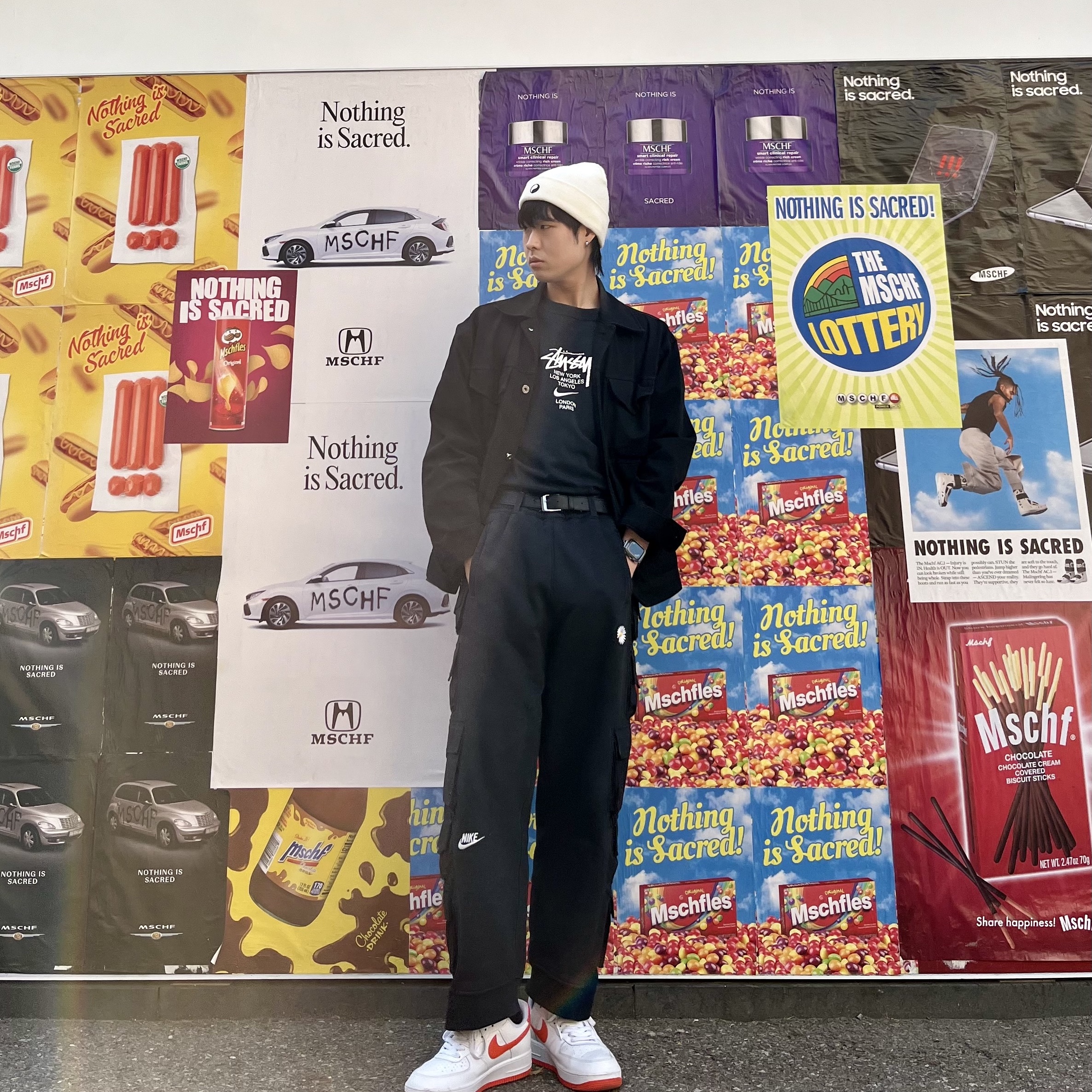 Nike Air Force 1 '07 Low White Team Orange, Nike x Peaceminusone Wide Pants Black (DR0096-010) 착용 스타일 - 1