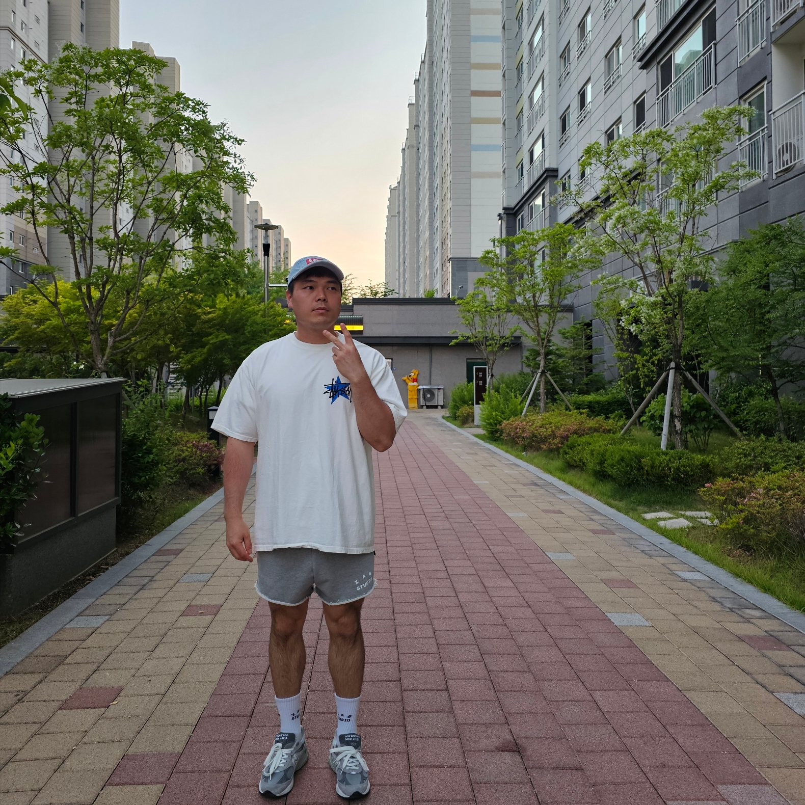 Stussy Star Pigment Dyed T-Shirt Natural, IAB Studio Heavy Sweat Shorts Gray - 23FW 착용 스타일 - 3