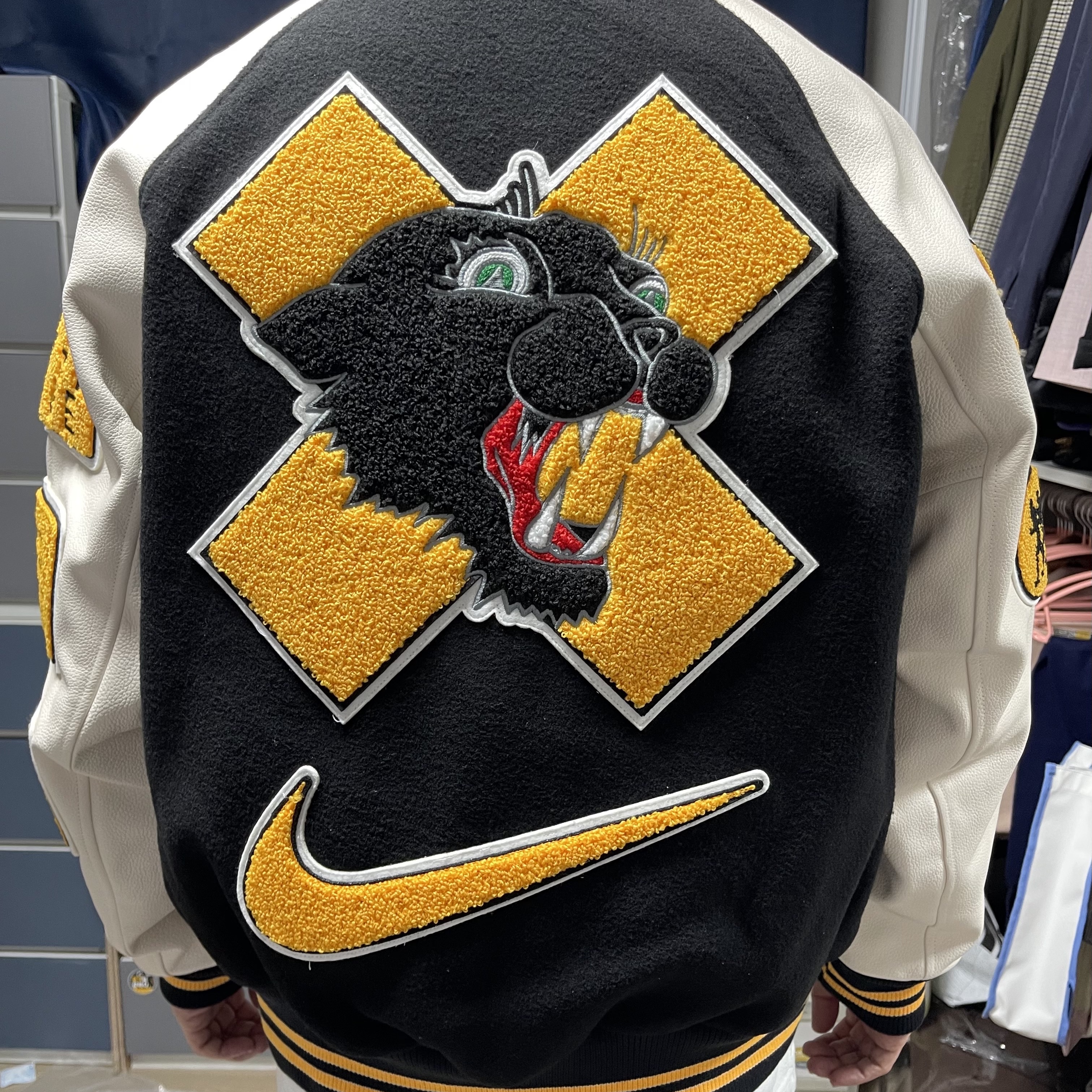 Nike x Patta Varsity Jacket Black Yellow - Asia 착용 스타일