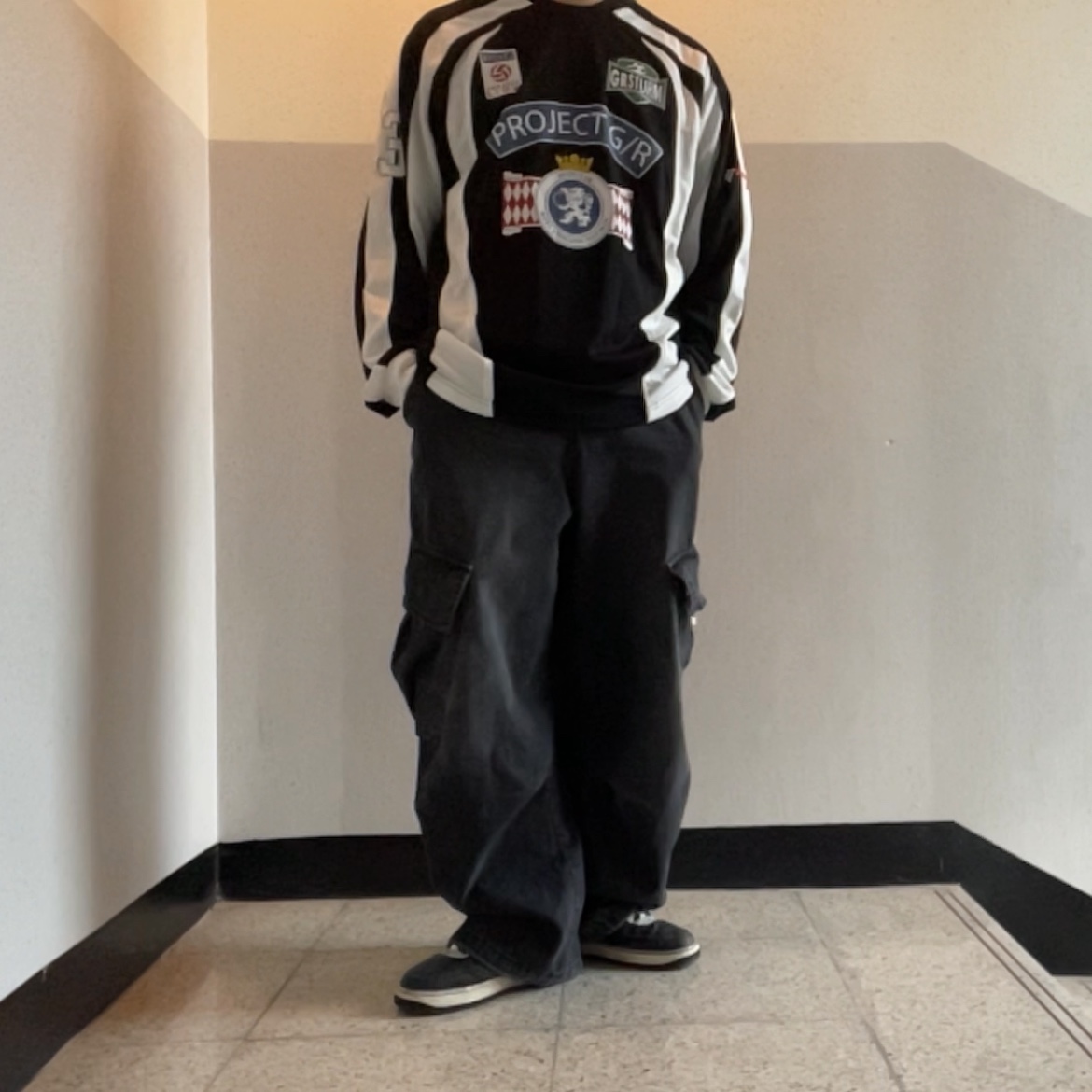 Project G/R Long Sleeve Football Jersey Black, Nike x NBA Air Force 1 '07 LV8 EMB Black and Chile Red 착용 스타일