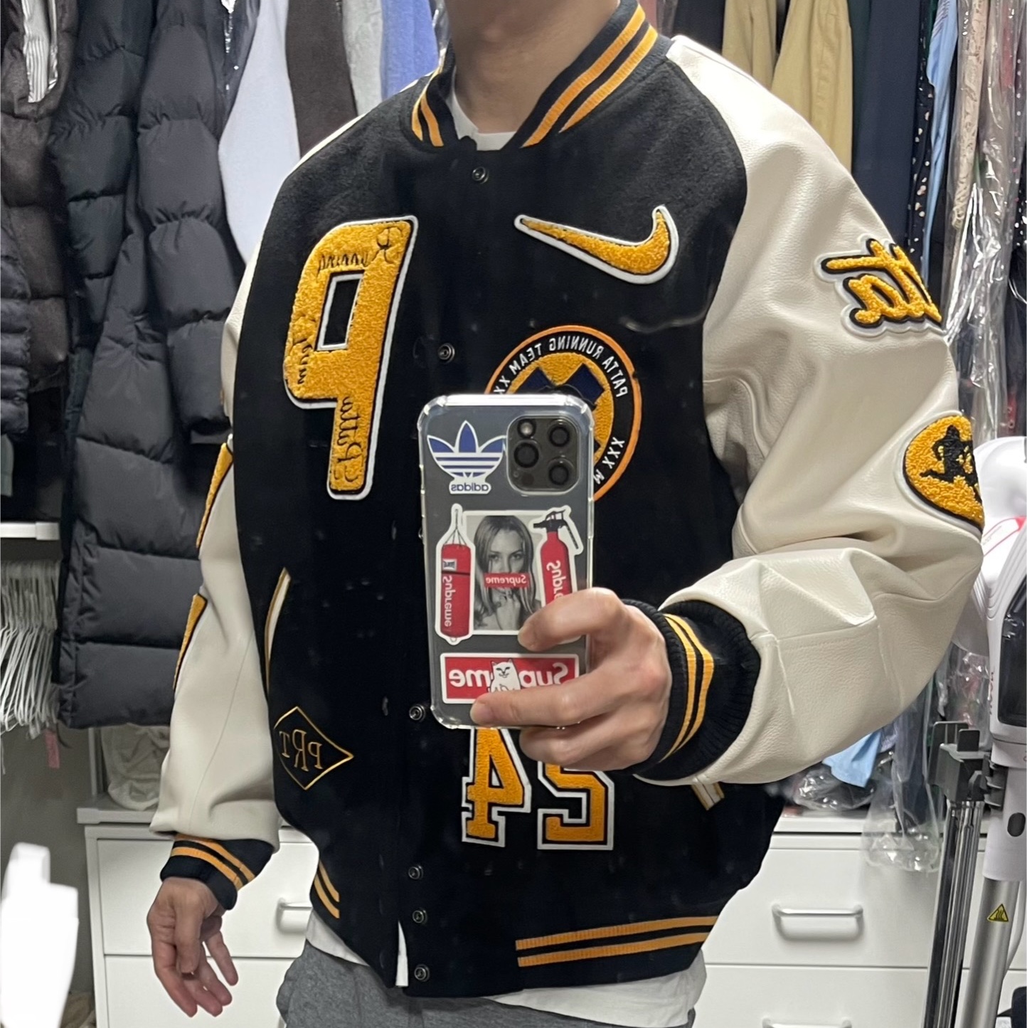 Nike x Patta Varsity Jacket Black Yellow - Asia 착용 스타일