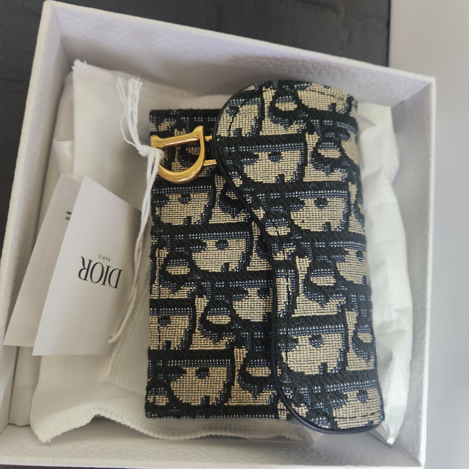 Dior Saddle Flap Card Holder Blue Dior Oblique Jacquard 착용 스타일