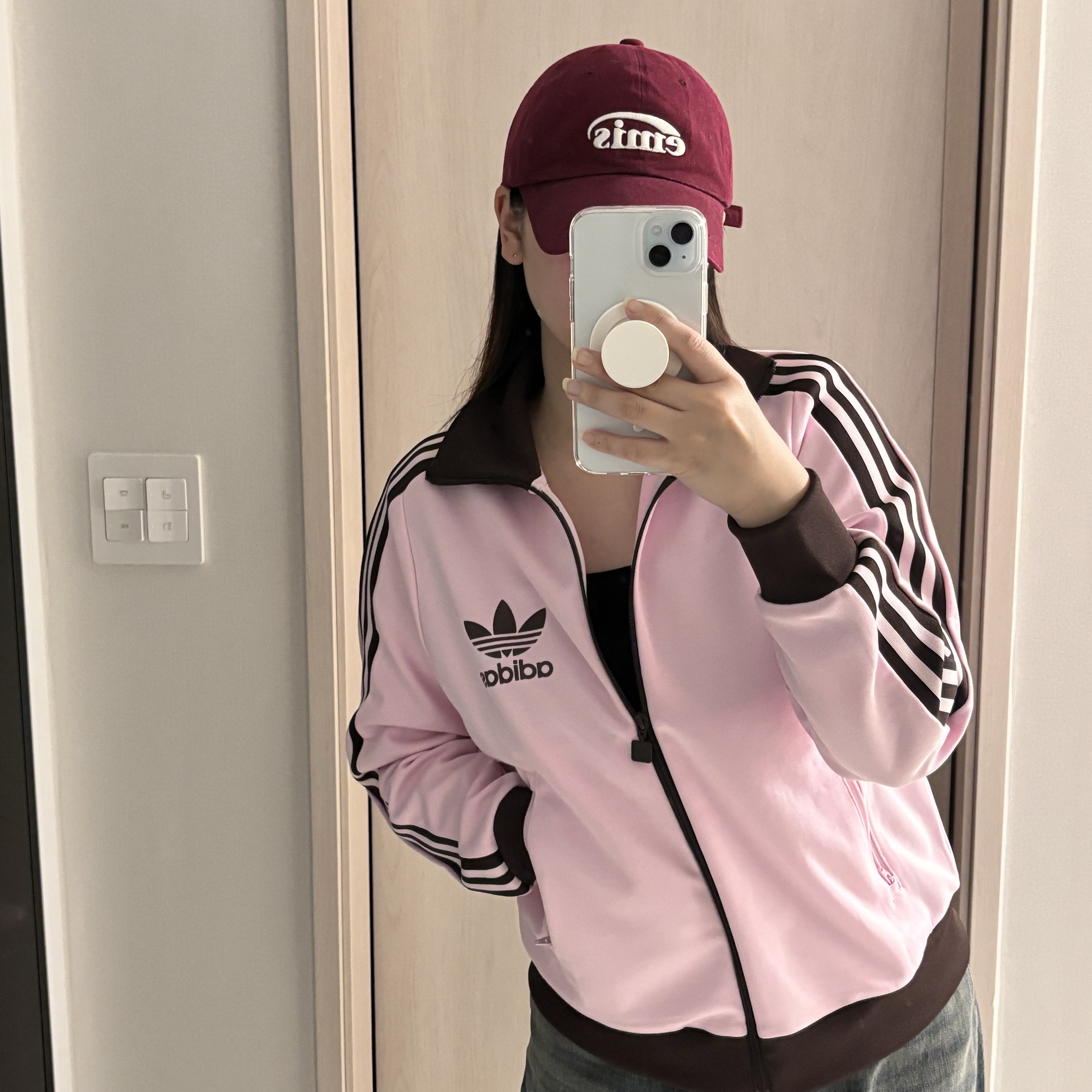 (W) Adidas Originals Beckenbauer Track Jacket Clear Pink - KR Sizing, Emis New Logo Emis Cap Burgundy 착용 스타일