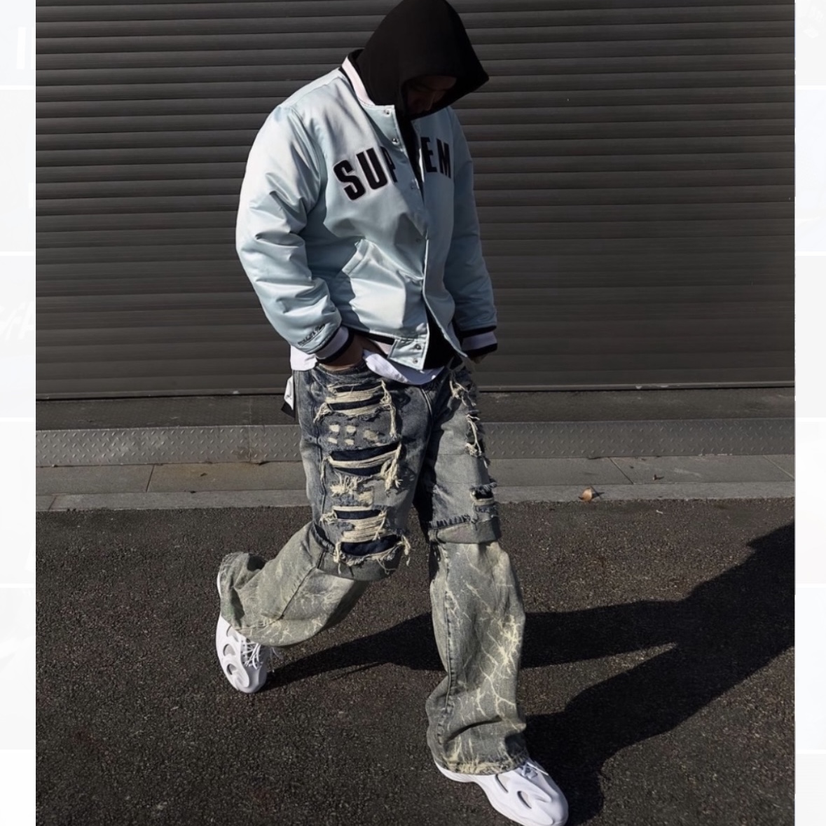 Supreme Mitchell & Ness Satin Varsity Jacket Light Blue - 21SS, Adidas Adifom Q Cloud White Grey 착용 스타일