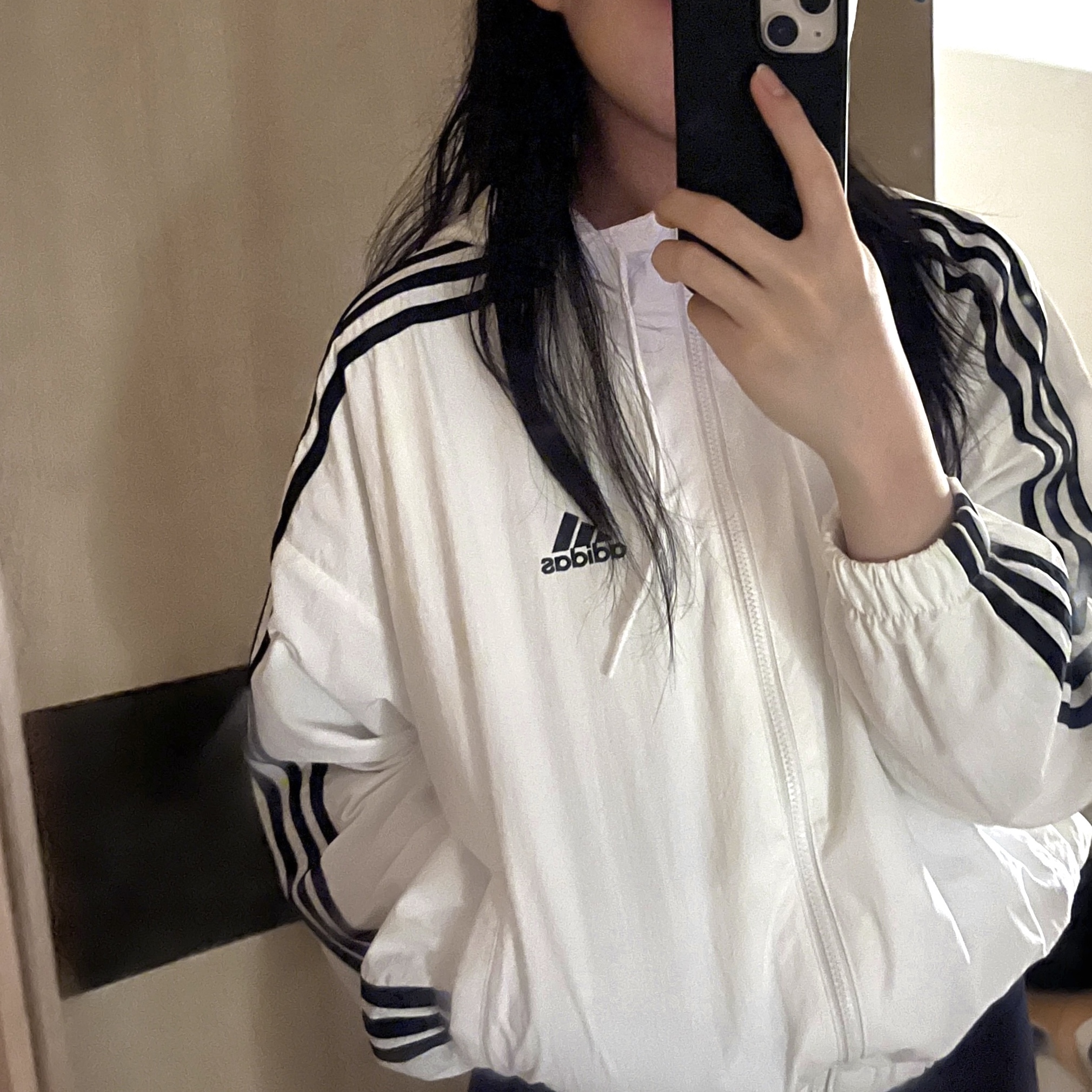(W) Adidas Essential 3-Stripes Woven Windbreaker Jacket White - KR Sizing 착용 스타일