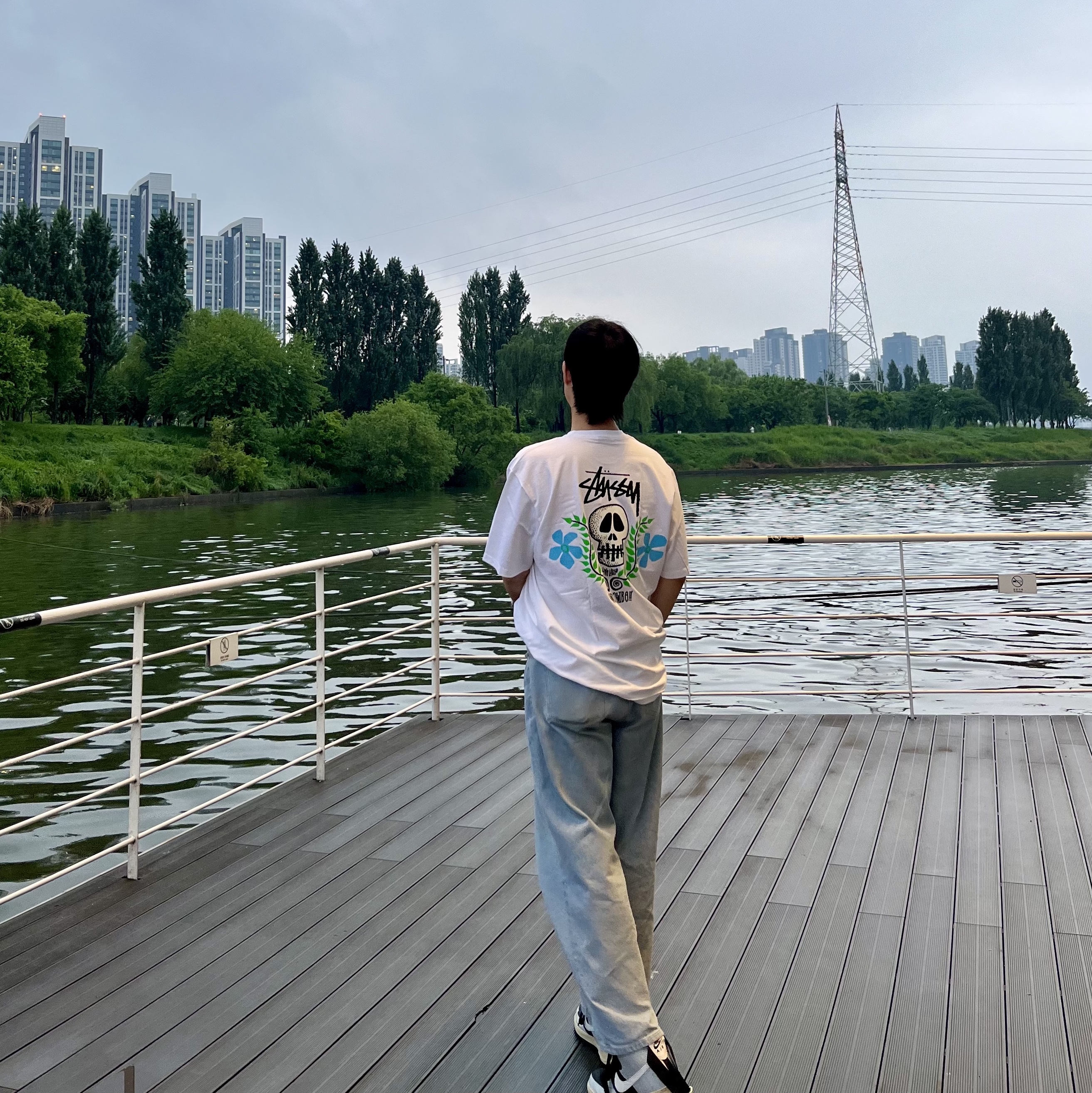 Nike Air Force 1 High '07 LX Black Smoke Grey, Stussy Skull Crest T-Shirt White 착용 스타일