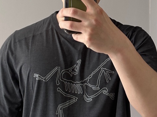 Arc'teryx Cormac Logo SS T-Shirt Black Heather 착용 스타일