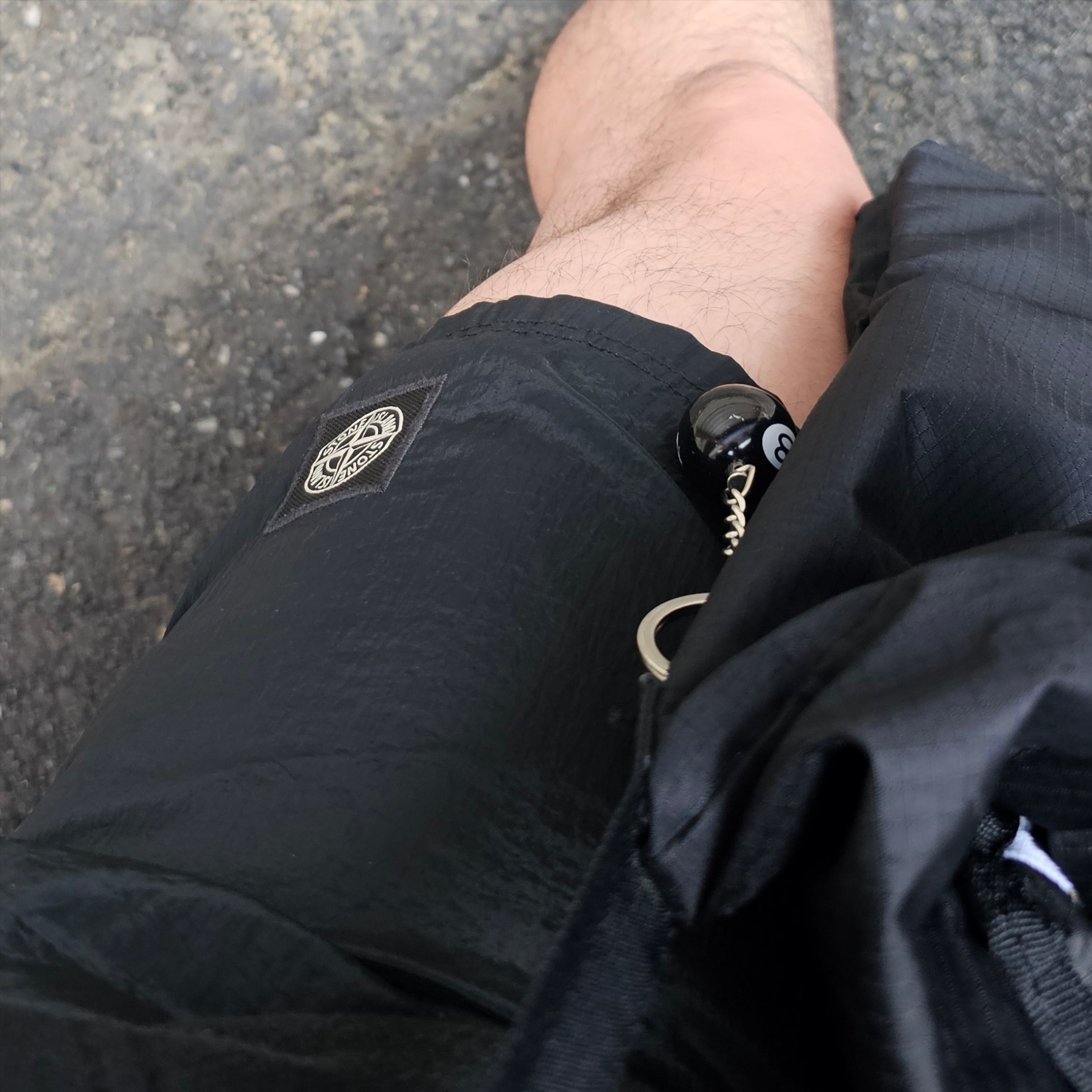 Stussy 8 Ball Keychain Black, Stone Island B0943 Nylon Metal Swimming Trunk Black - 24SS 착용 스타일
