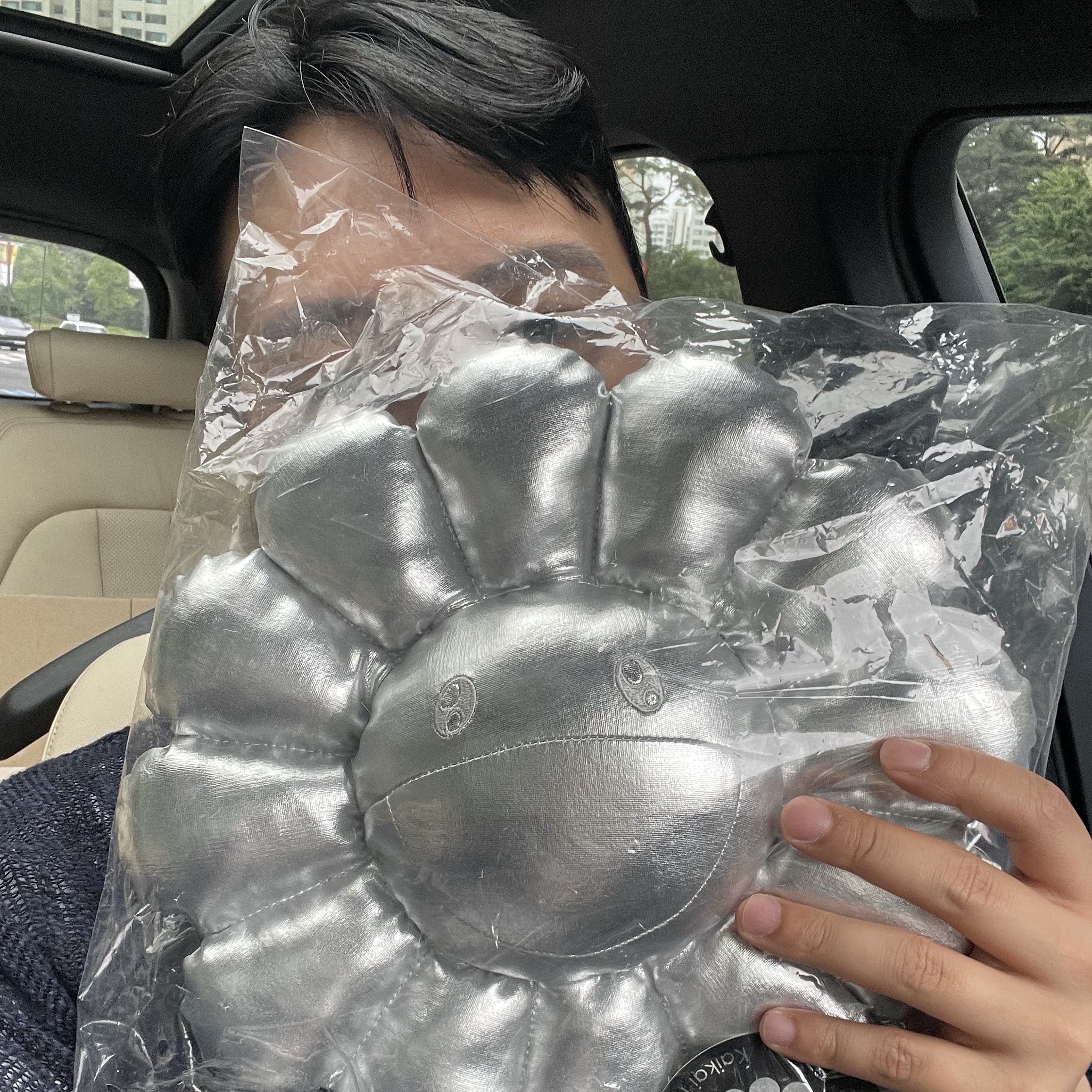 Kaikai Kiki Flower Cushion 30cm Silver 착용 스타일