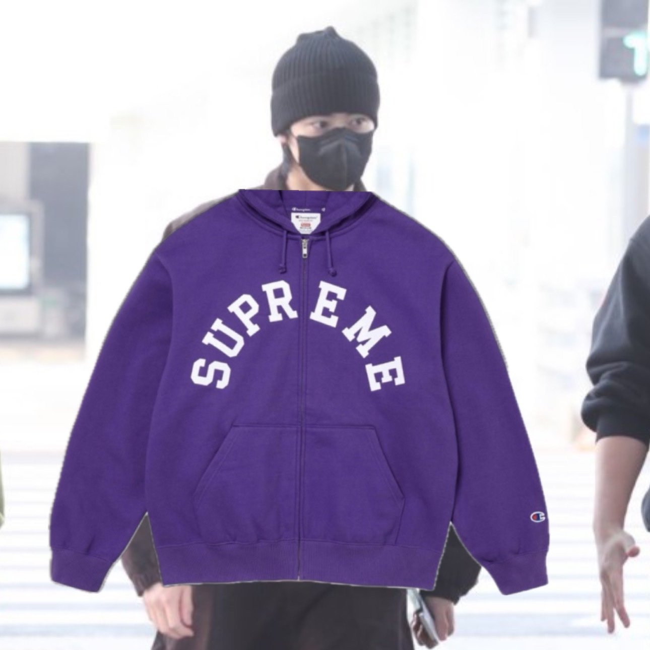 Supreme x Champion Zip Up Hooded Sweatshirt Purple - 24SS, Supreme x Champion Zip Up Hooded Sweatshirt Black - 24SS 착용 스타일