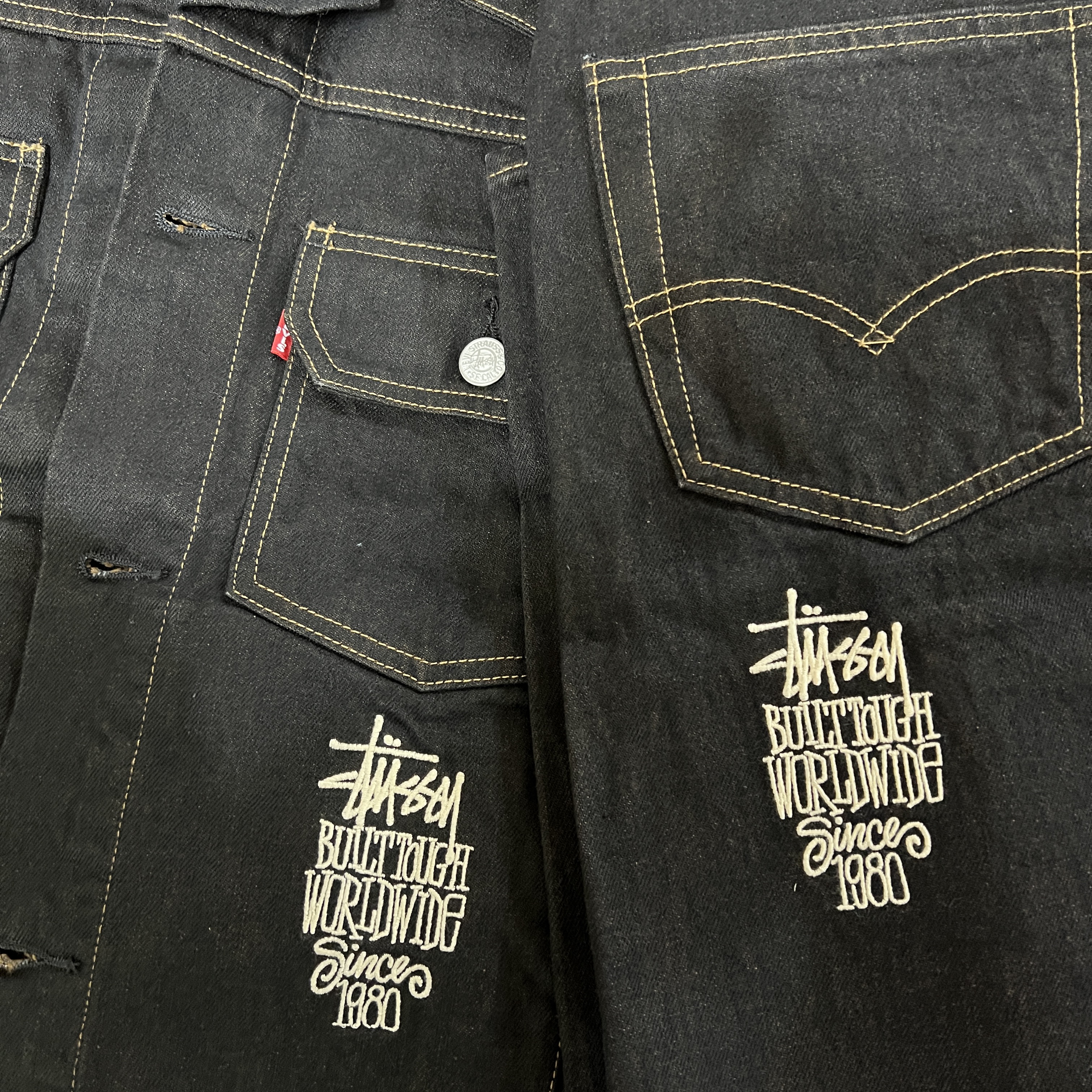 Stussy x Levi's Crispy Rinse 568 Jean Black, Stussy x Levi's Crispy Rinse Trucker Jacket Black 착용 스타일