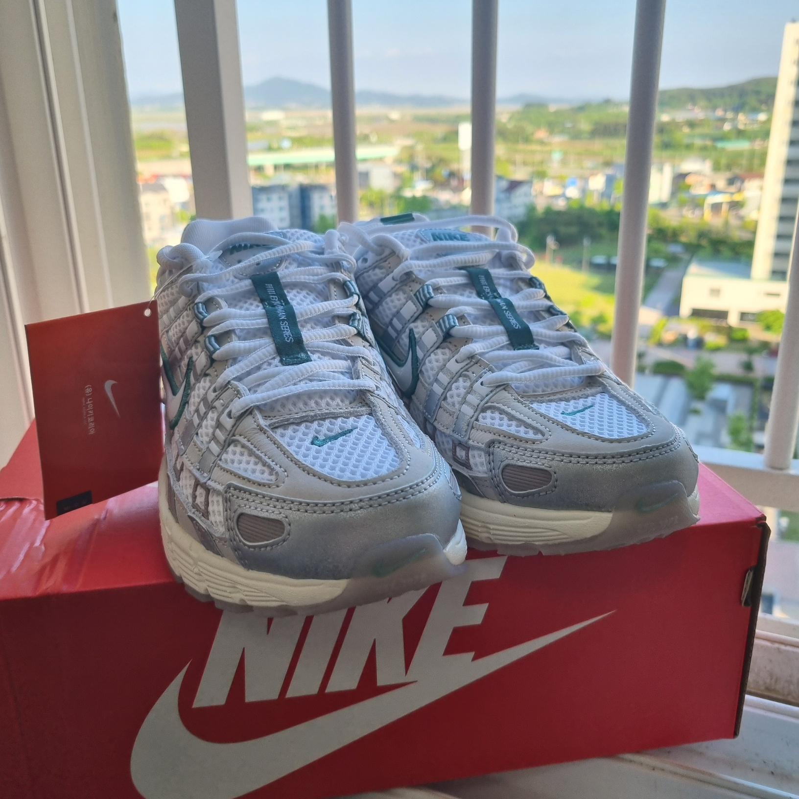 Nike P-6000 Light Bone White Metallic Silver 착용 스타일 - 1