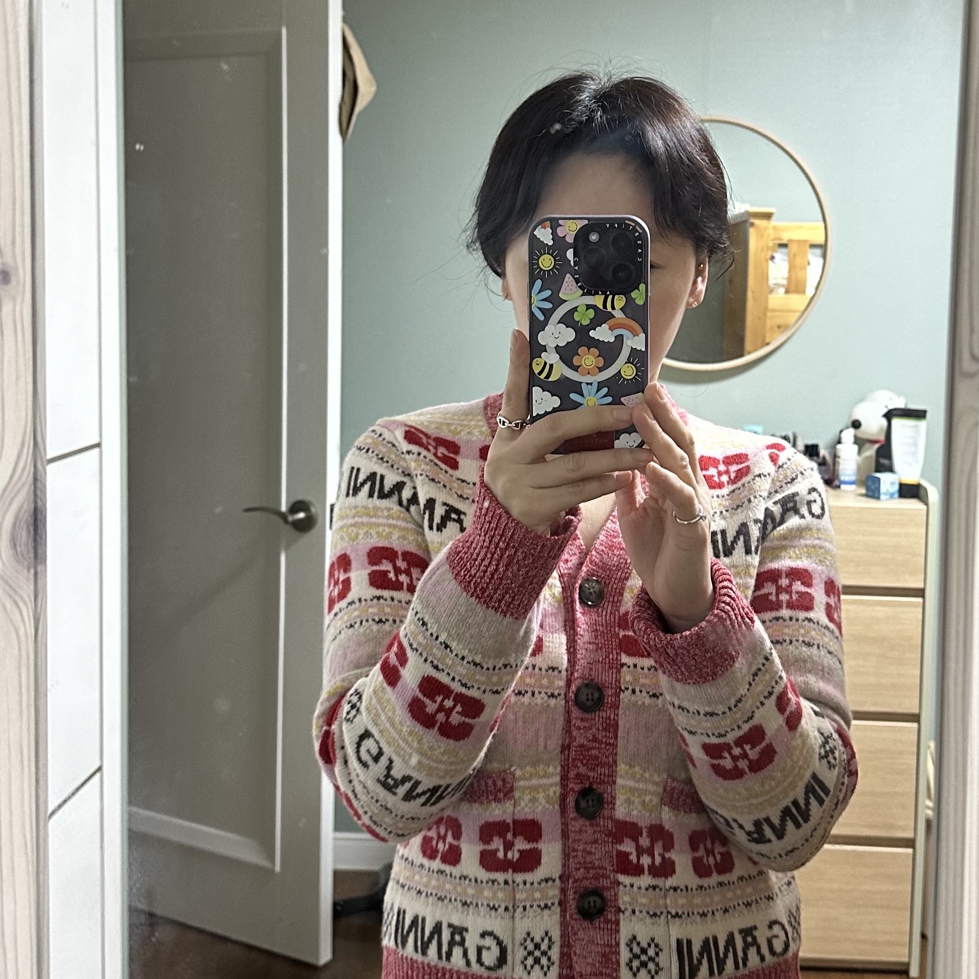 (W) Ganni Logo Stripe Wool Cardigan Multicolour 착용 스타일 - 1