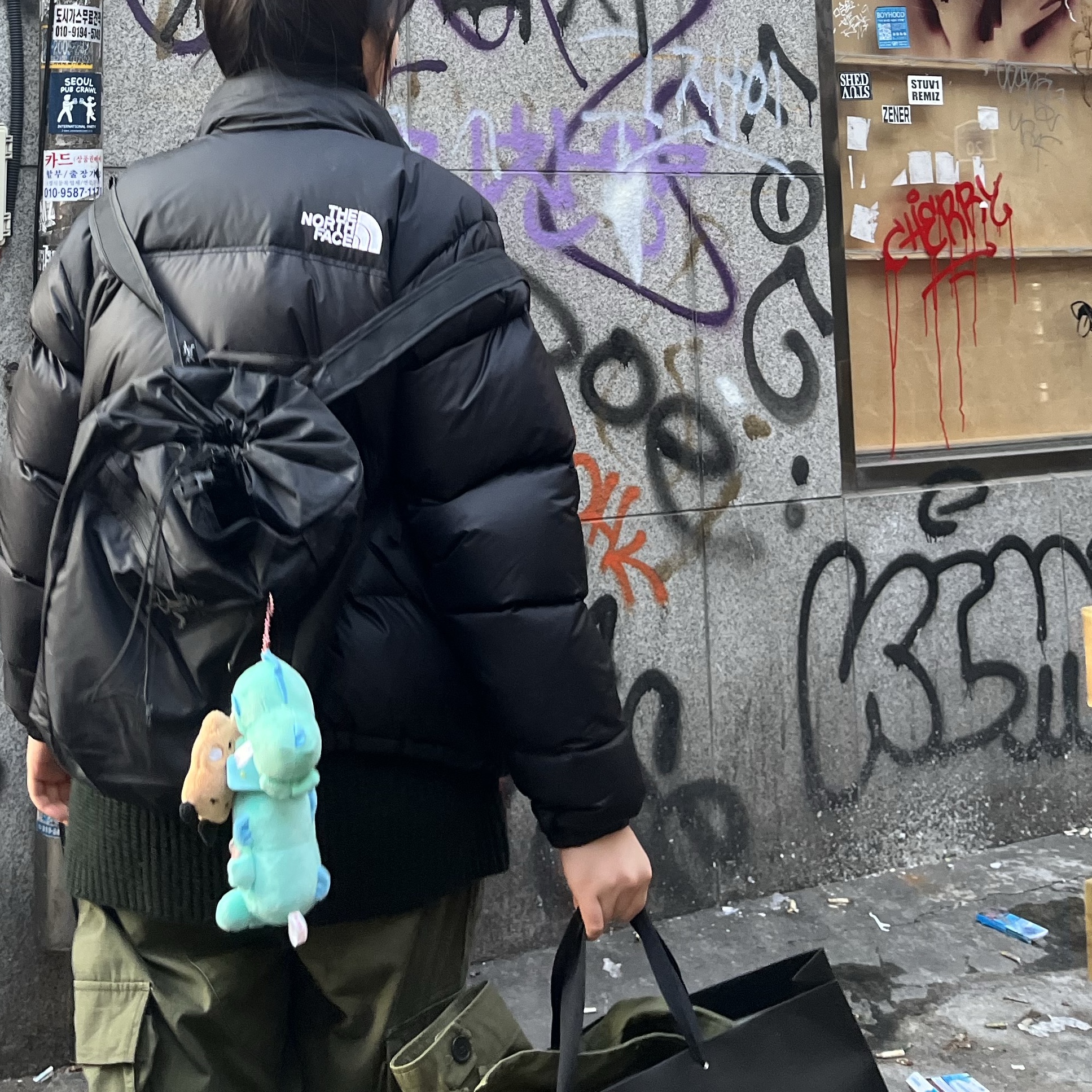 The North Face 1996 Eco Nuptse Jacket Black, Orslow Vintage Fit 6 Pockets Cargo Pants Army Green 착용 스타일 - 2