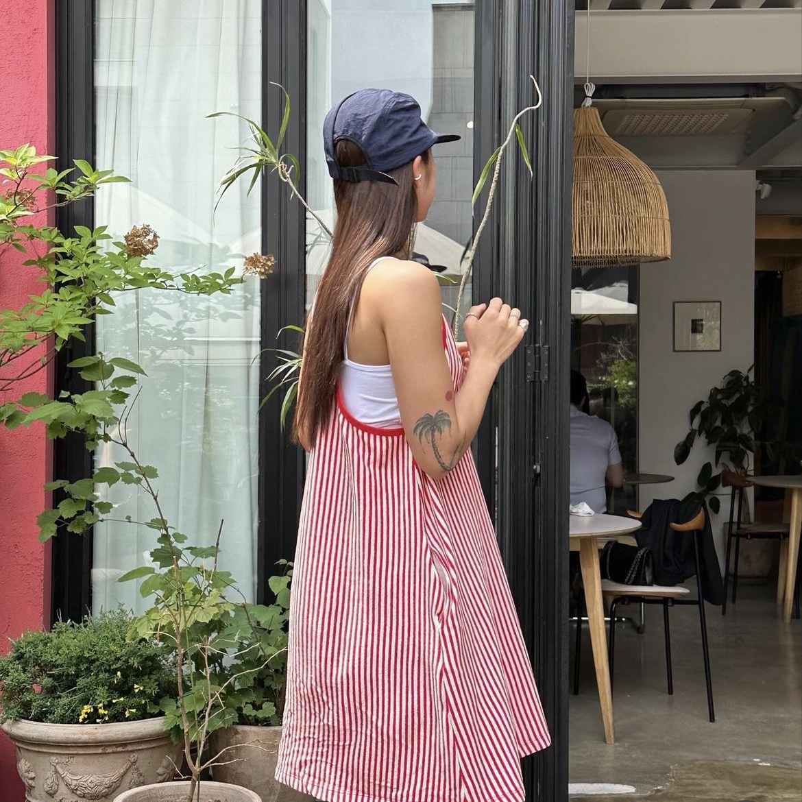 Menasoo Summer Stripe Terry Strap Onepiece Red, Menasoo Summer Stripe Terry Strap Onepiece Gray 착용 스타일