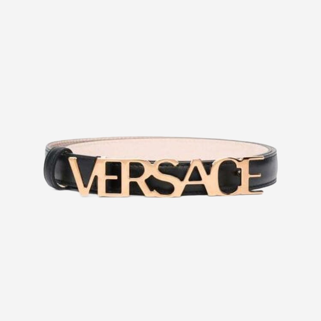 (W) Versace Logo Thin Leather Belt Black Gold 상세 이미지 1