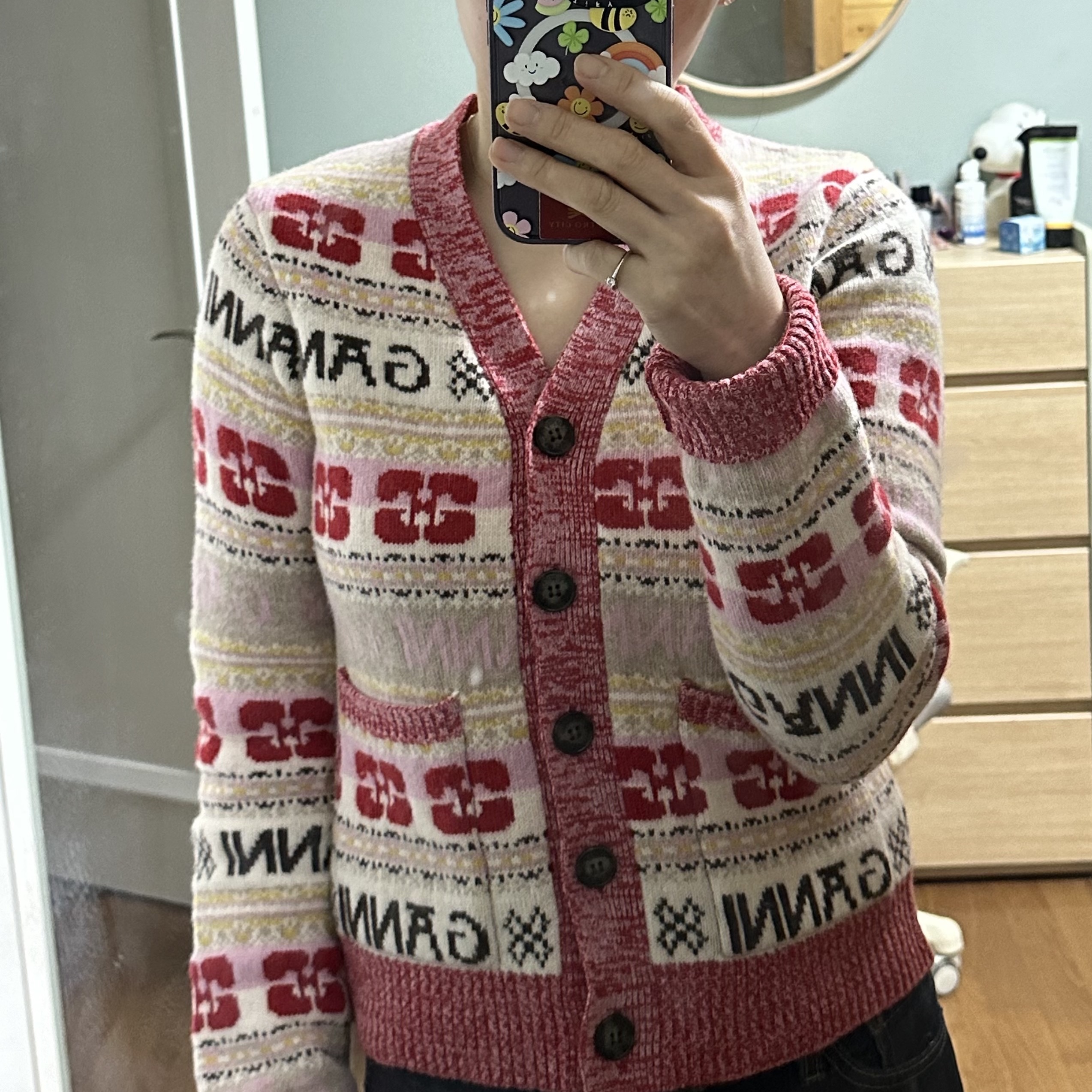 (W) Ganni Logo Stripe Wool Cardigan Multicolour 착용 스타일 - 2