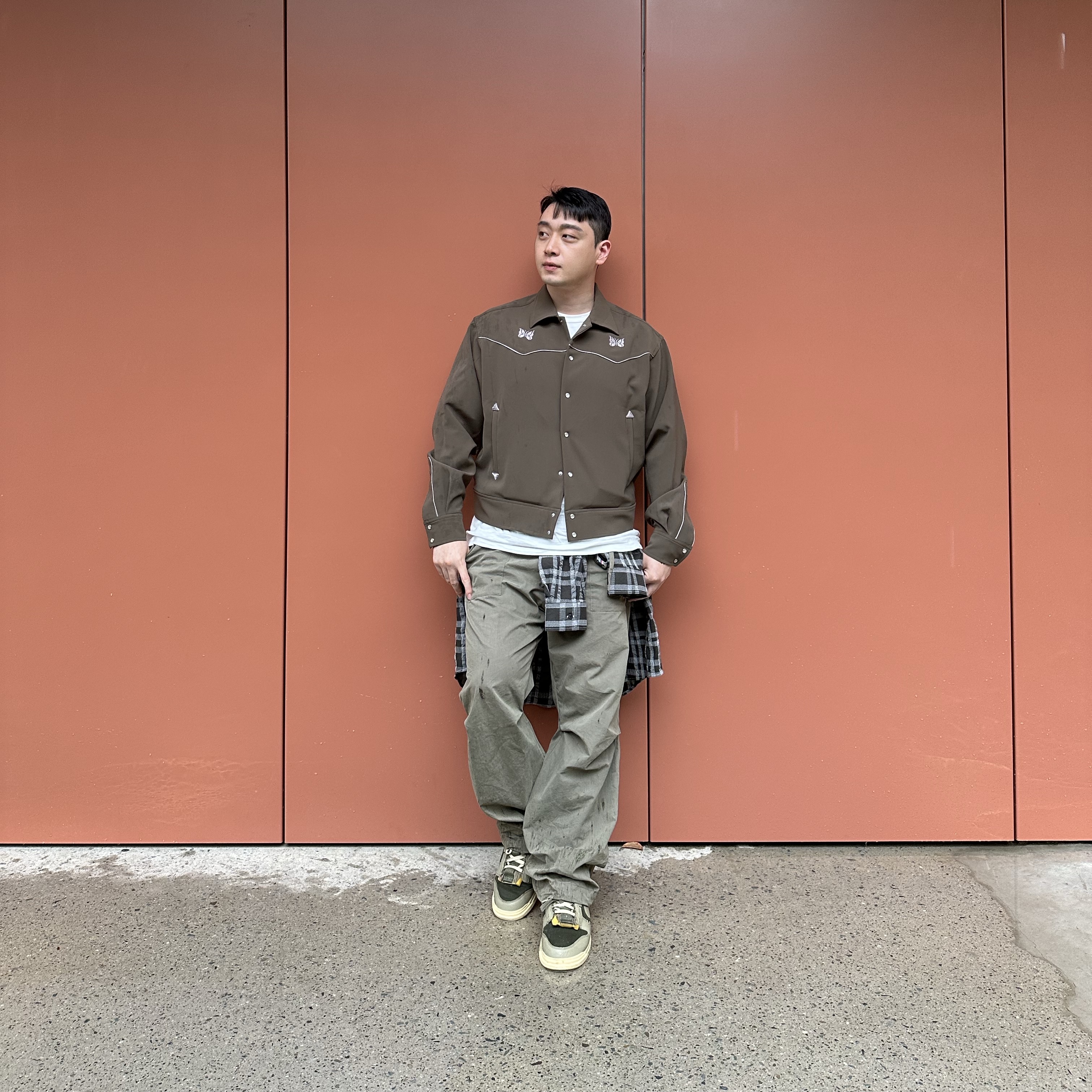 Needles Piping Cowboy Jacket Charcoal, Nike Air Dunk Jumbo Medium Olive 착용 스타일 - 1