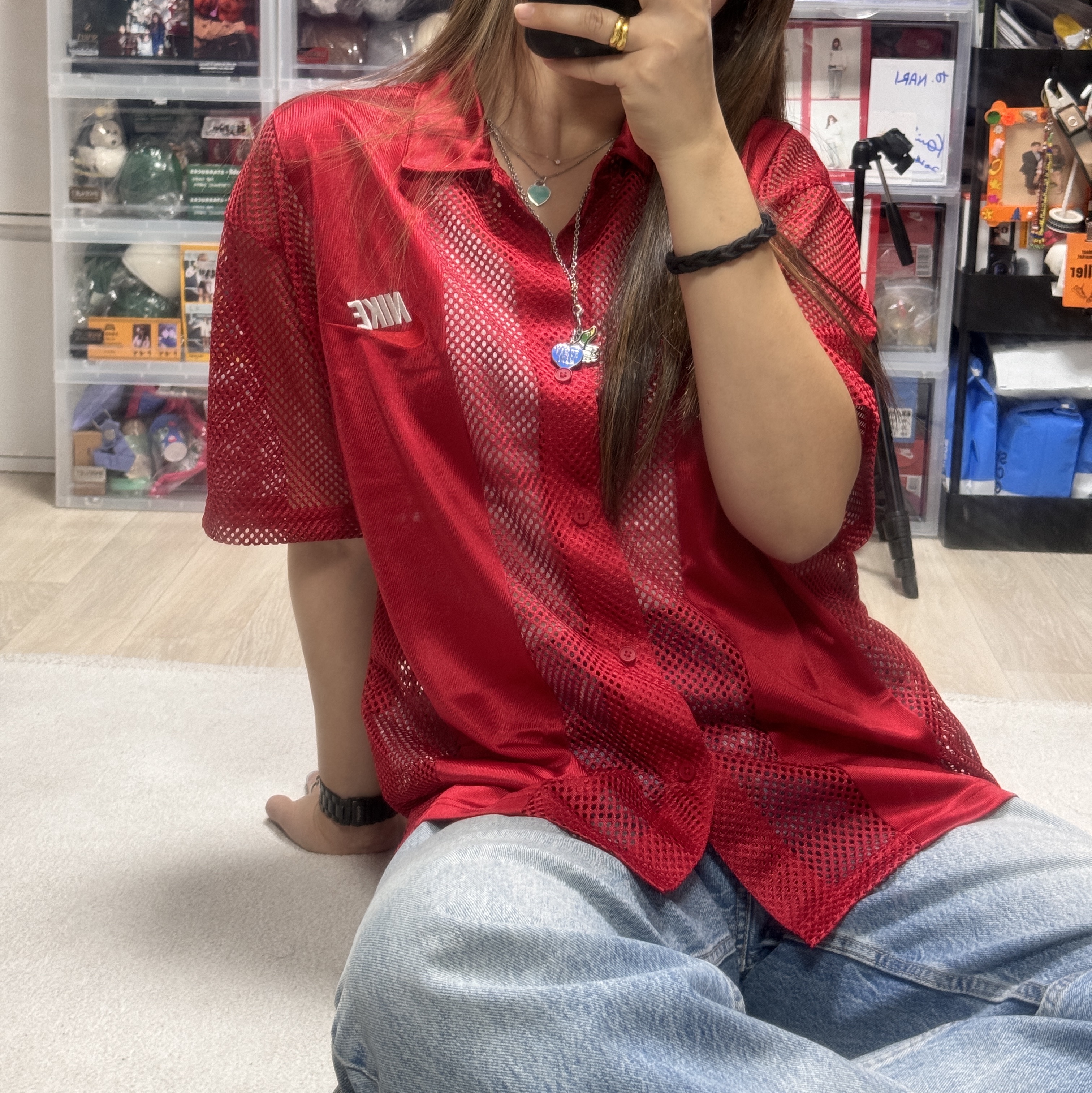 Supreme x Nike Mesh S/S Shirt Red - 24SS, Human Made Five Heart Necklace Silver 착용 스타일
