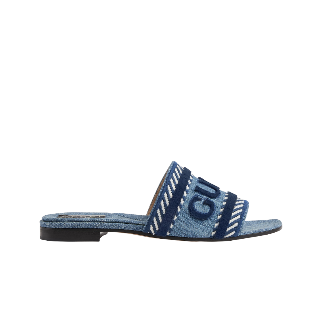 (W) 구찌 슬라이드 샌들 스크립트 라이트 블루 데님((W) Gucci Slide Sandal with Gucci Script Light Blue Denim)