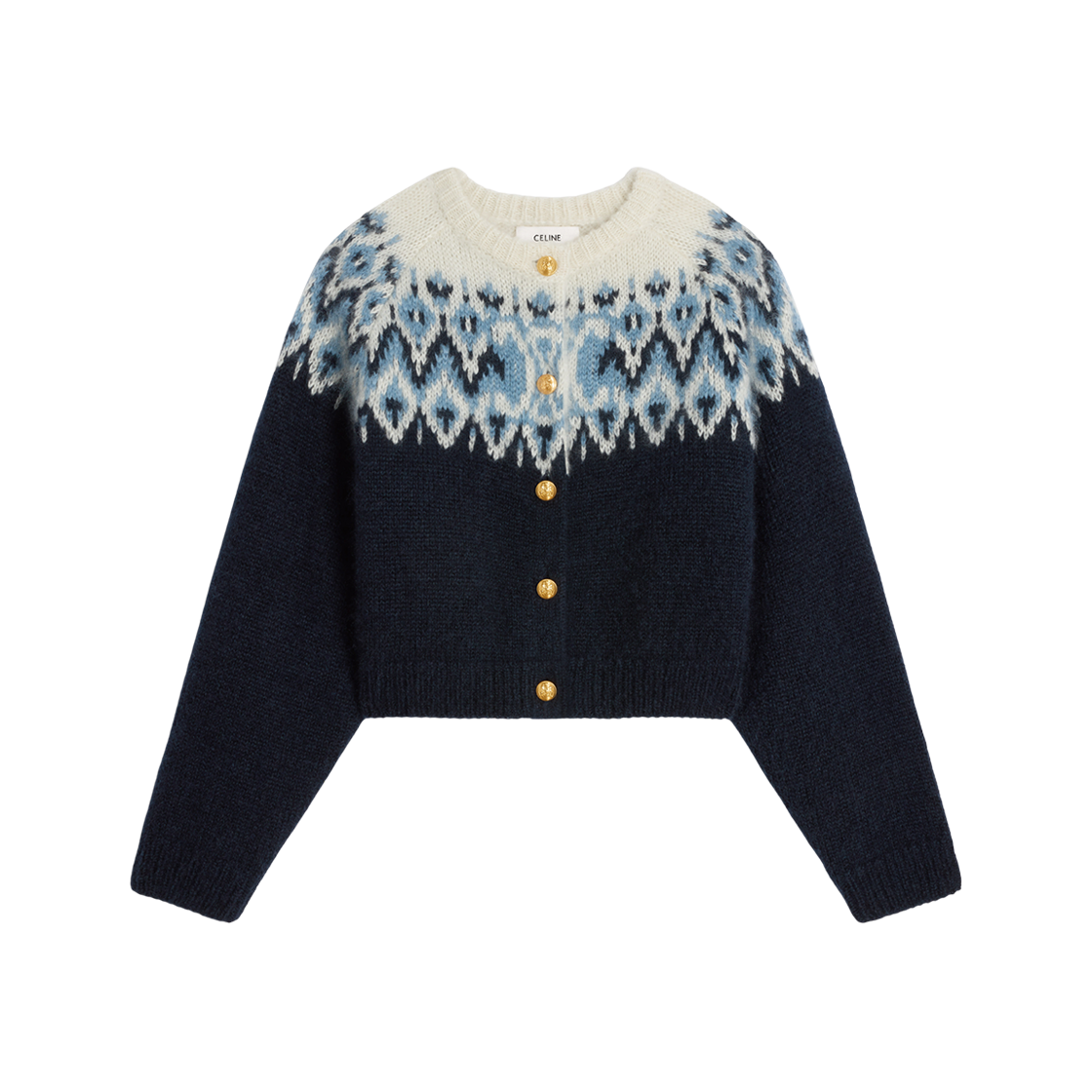 (W) Celine Fair Isle Cardigan in Mohair Silk Blue Off White 상세 이미지 1