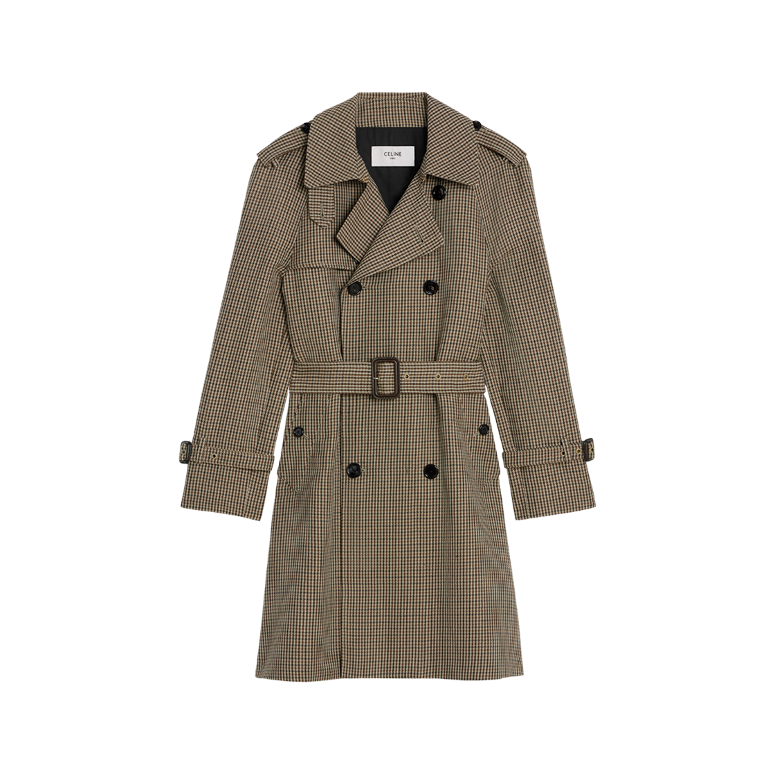 (W) Celine Romy Trench Coat in Houndstooth Wool Linen Beige Camel Marron 상세 이미지 1