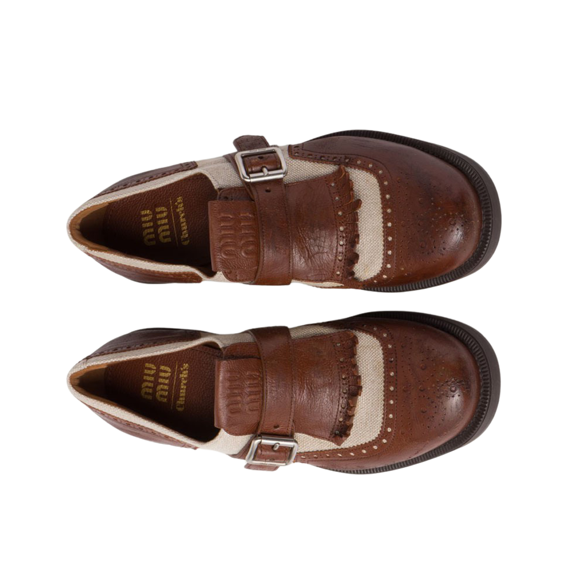(W) 미우 미우 x 처치스 상하이 레더 린넨 슈즈 월넛 브라운 코드((W) Miu Miu x Church's Shanghai Leather Linen Shoes Walnut Brown Cord) - 2