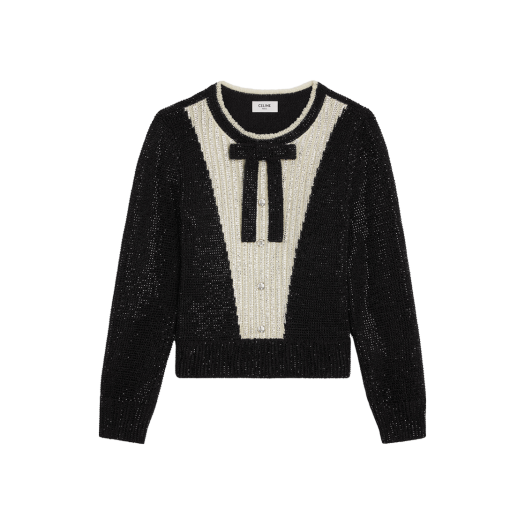 (W) 셀린느 크루넥 넥 자수 스웨터 보우 알파카 블랙 에크루