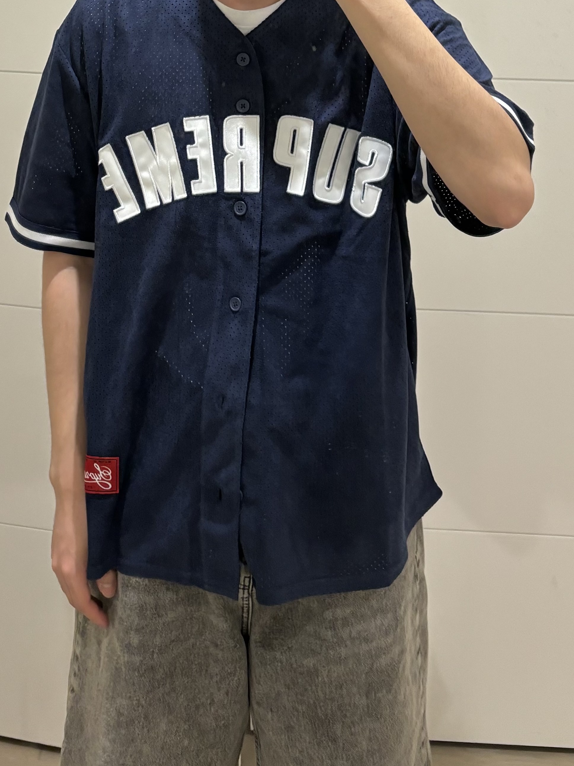 Supreme Ultrasuede Mesh Short Navy - 24SS, Supreme Ultrasuede Mesh Baseball Jersey Navy - 24SS 착용 스타일 - 2